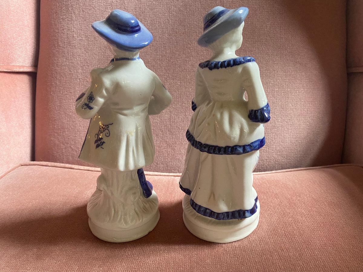 Pair of Vintage Porcelain Musician Figurines — Cobalt Blue & White