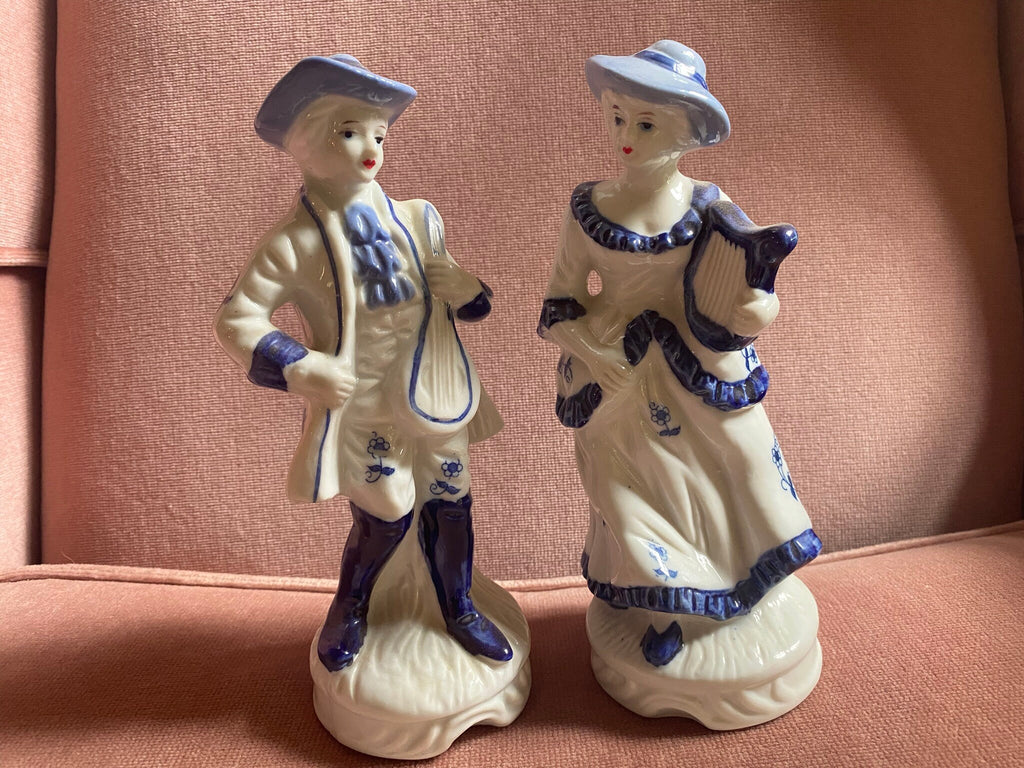 Pair of Vintage Porcelain Musician Figurines — Cobalt Blue & White