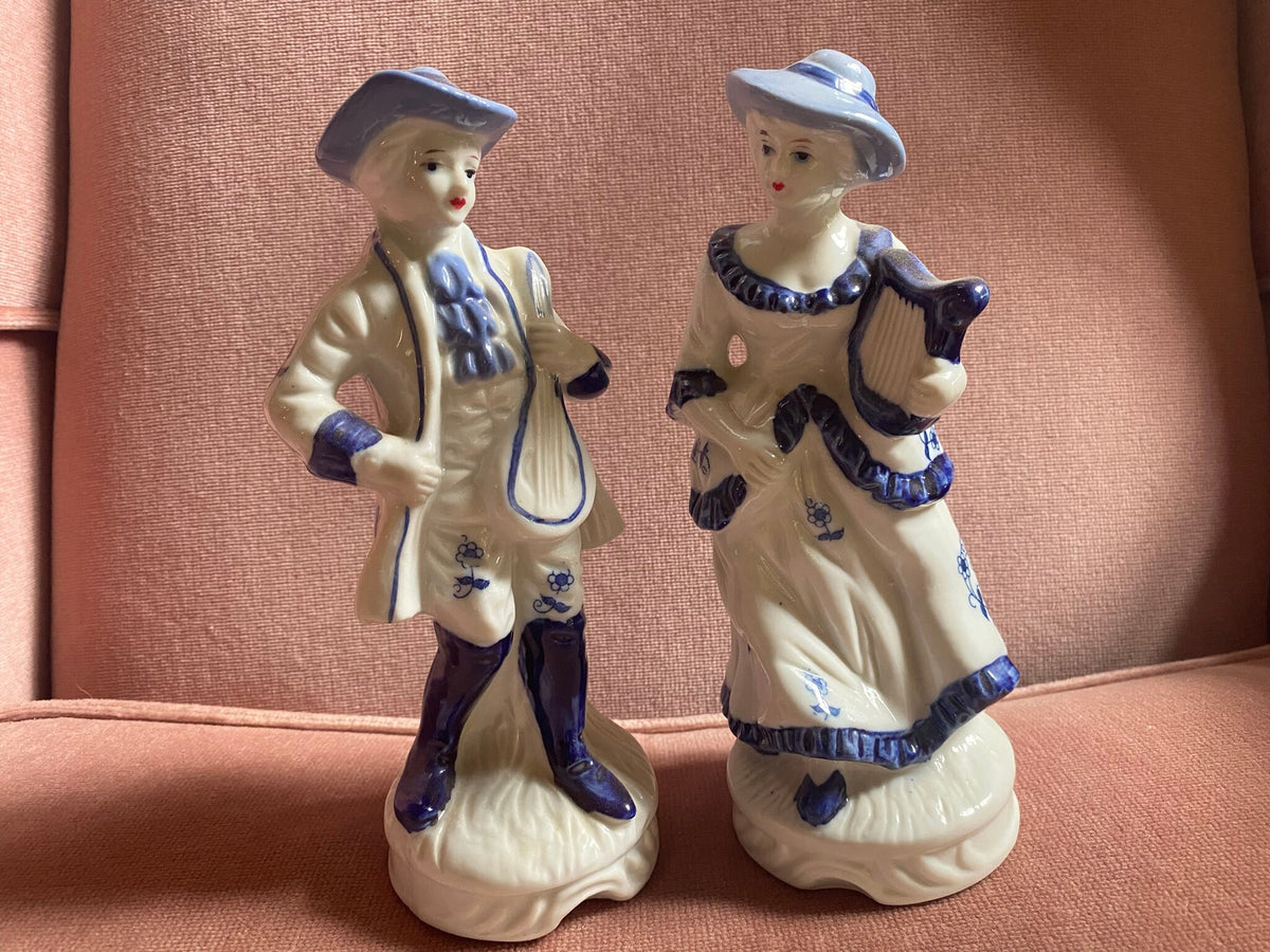 Pair of Vintage Porcelain Musician Figurines — Cobalt Blue & White