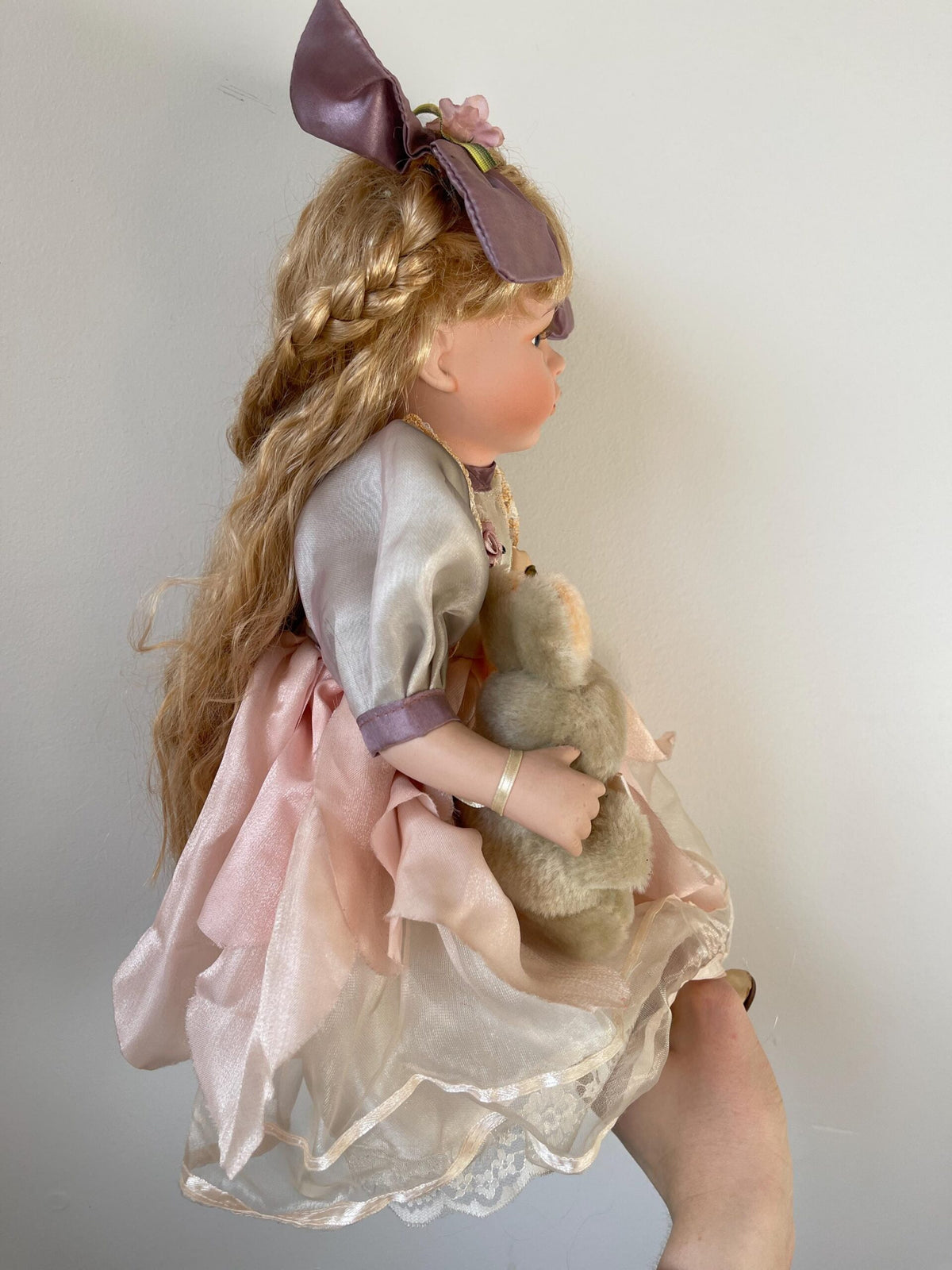 Vintage Porcelain Doll with Plush Bunny — Pink Organza & Lavender Bows