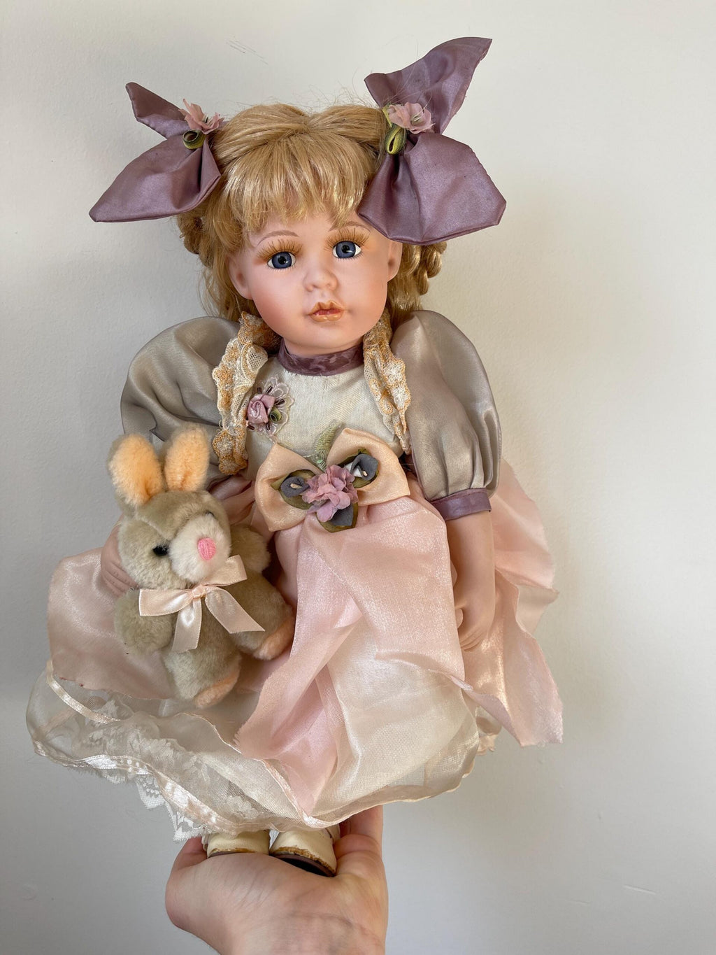 Vintage Porcelain Doll with Plush Bunny — Pink Organza & Lavender Bows