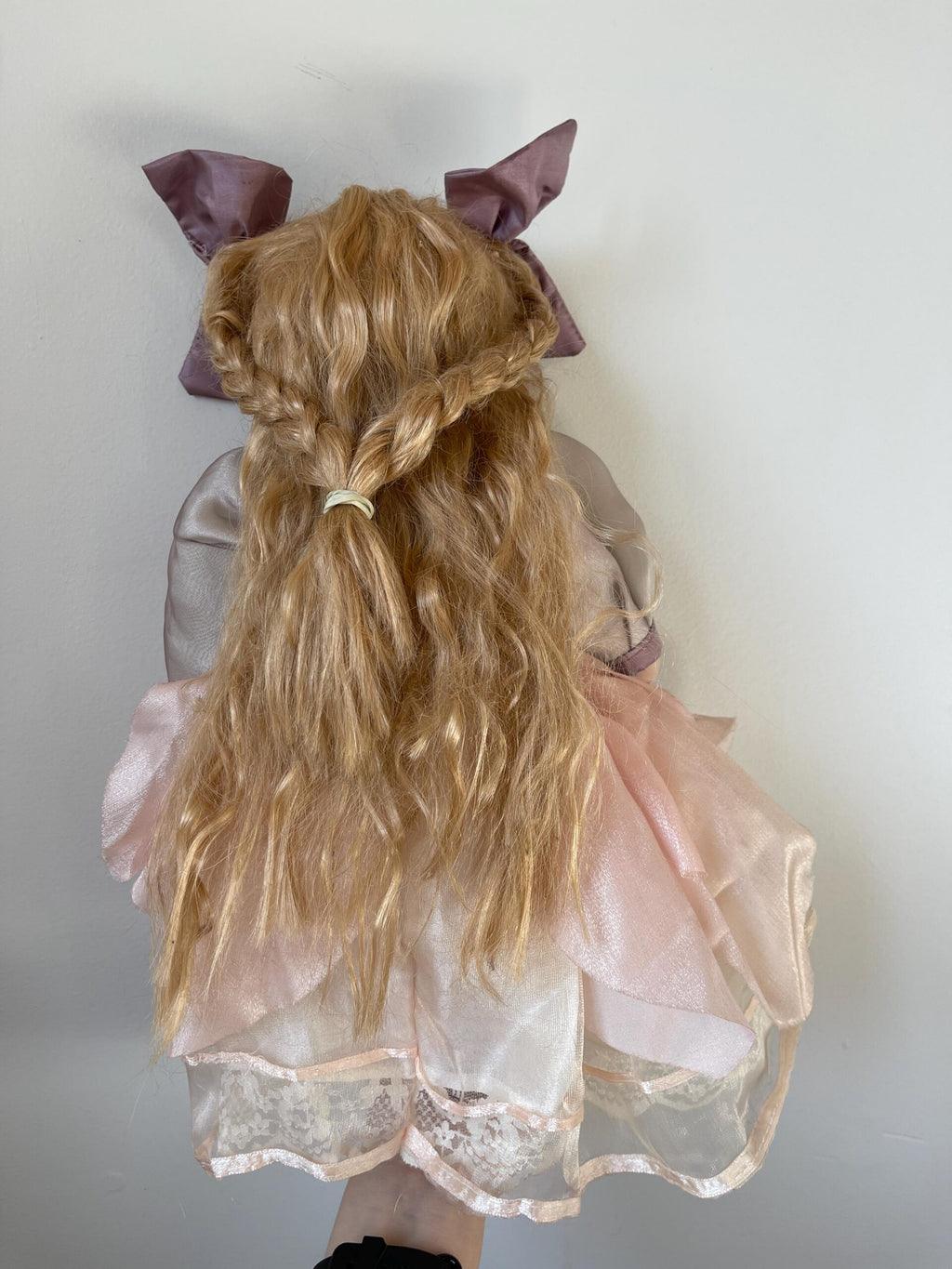 Vintage Porcelain Doll with Plush Bunny — Pink Organza & Lavender Bows