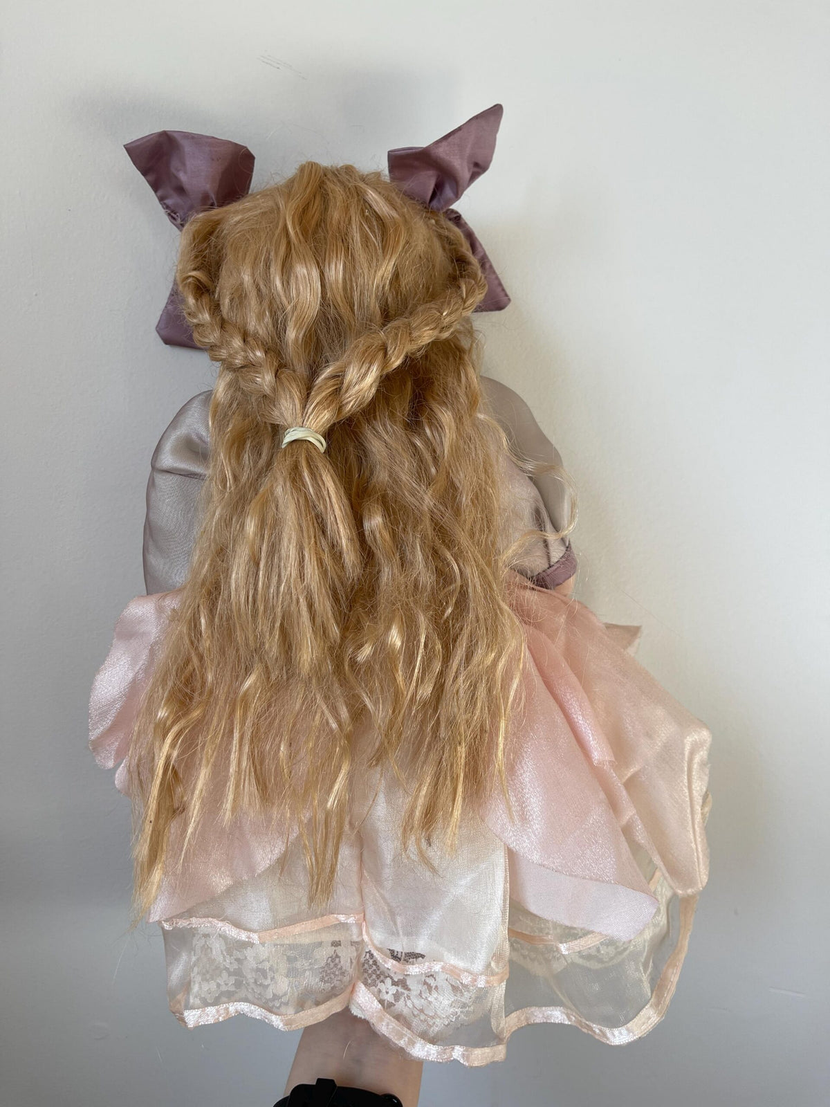 Vintage Porcelain Doll with Plush Bunny — Pink Organza & Lavender Bows