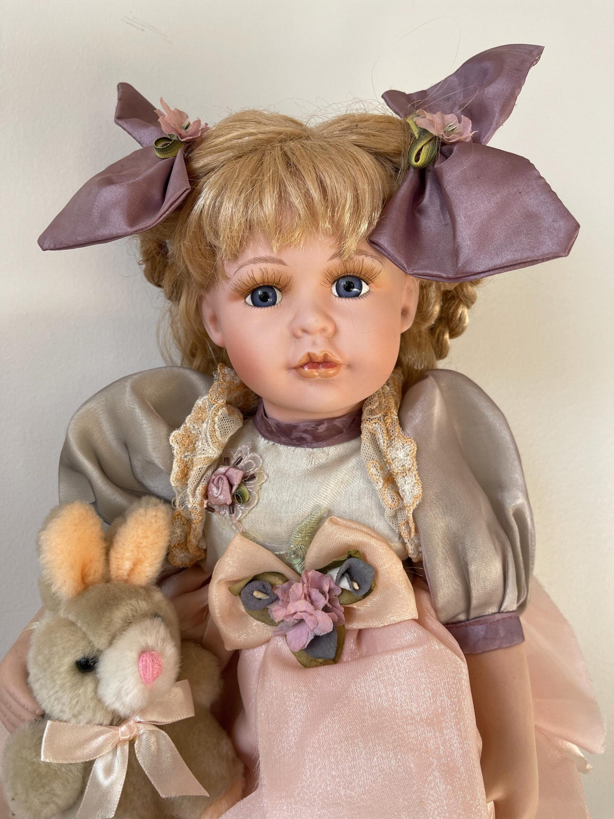 Vintage Porcelain Doll with Plush Bunny — Pink Organza & Lavender Bows