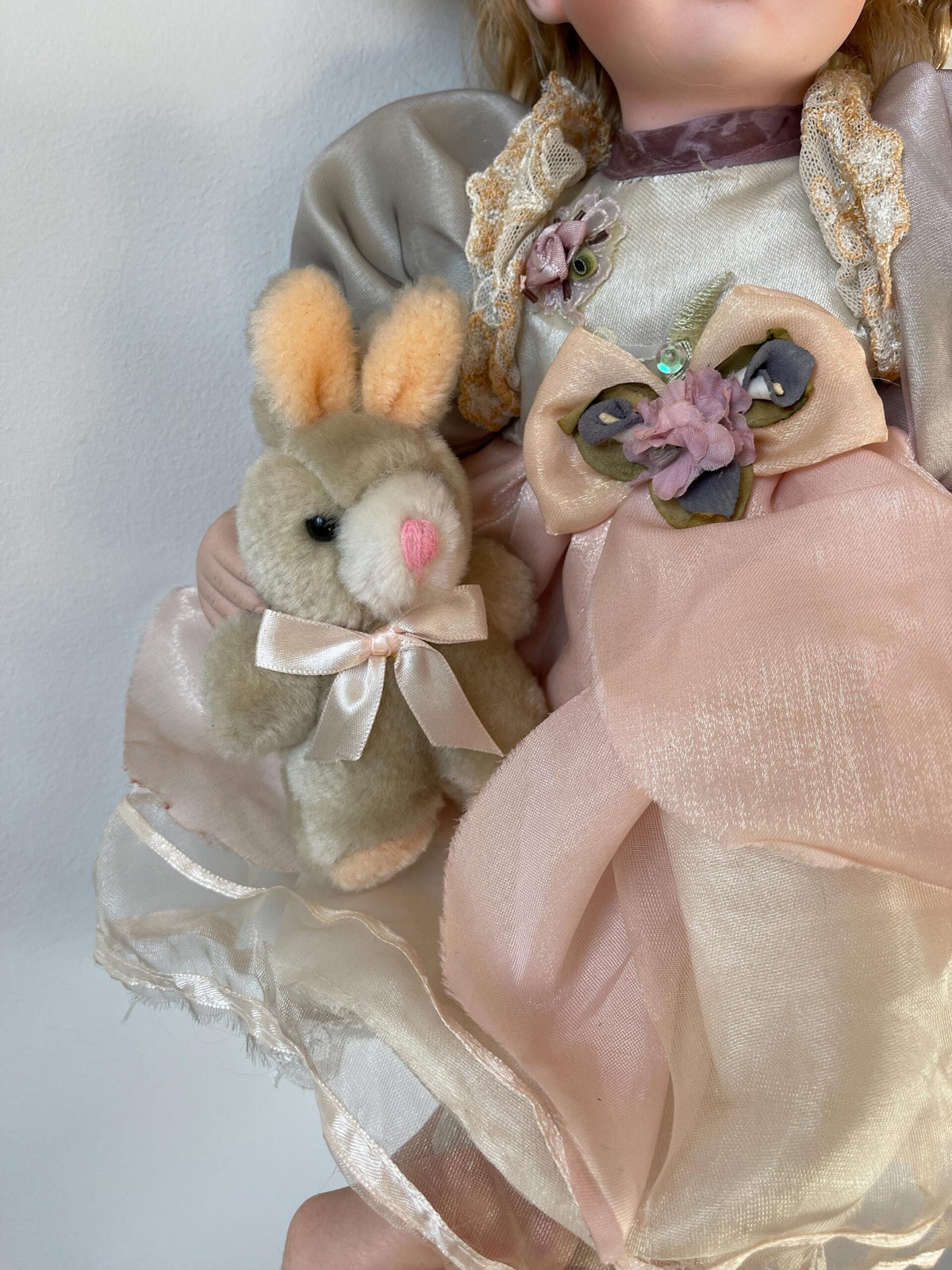 Vintage Porcelain Doll with Plush Bunny — Pink Organza & Lavender Bows