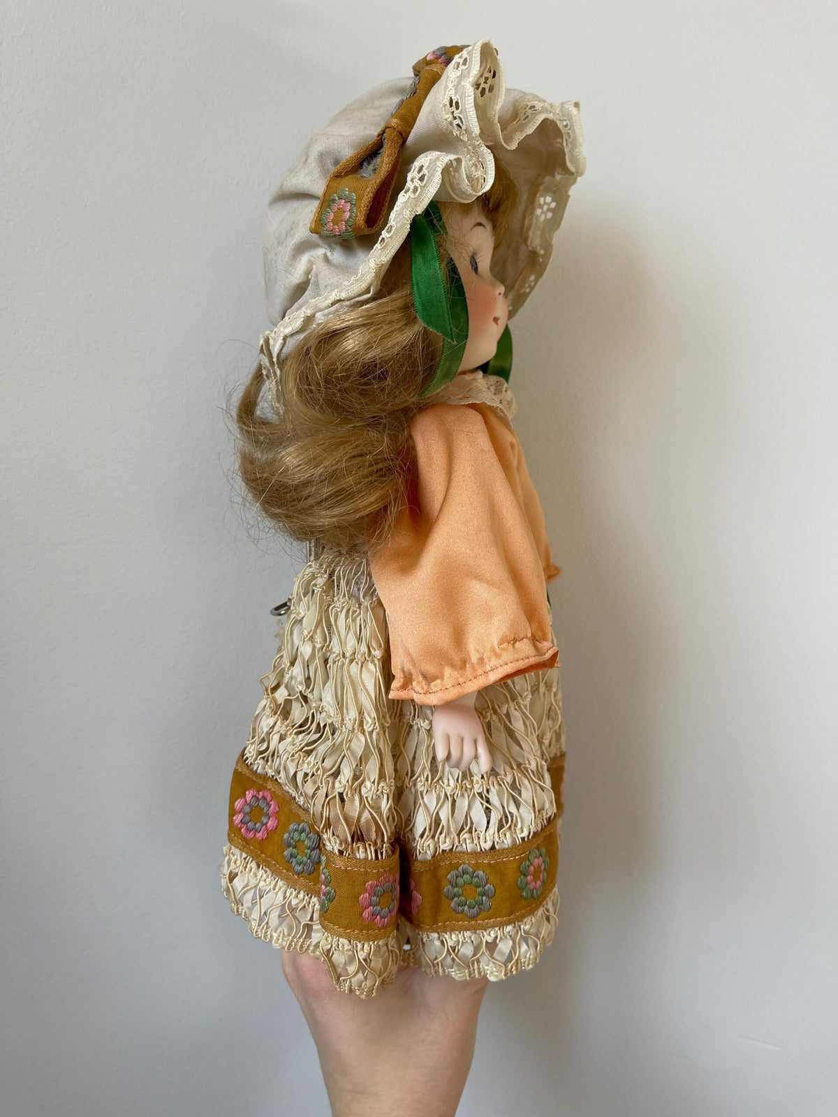 “Make a Circle” Music Box Porcelain Doll — Peach Satin & Lace