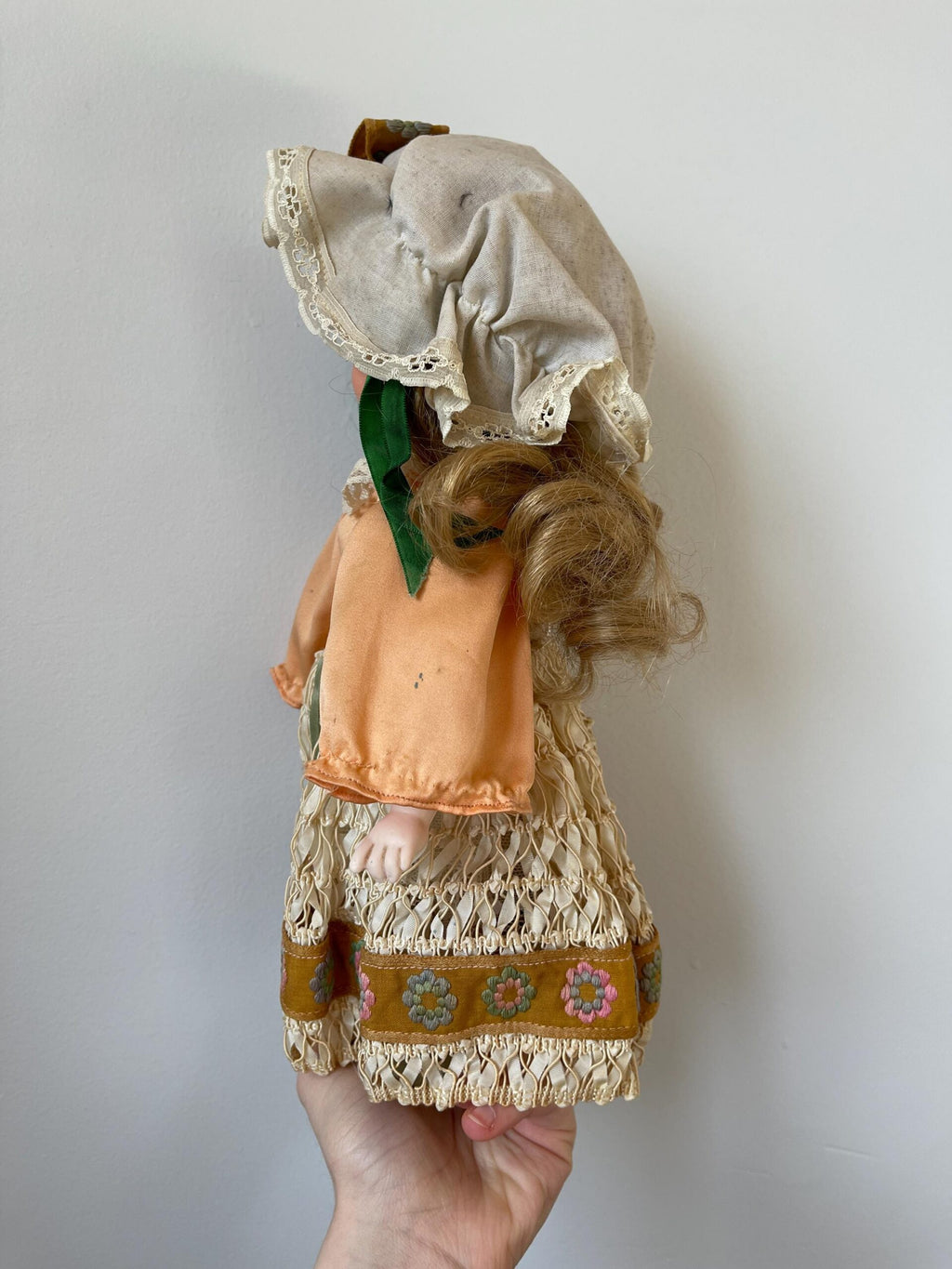 “Make a Circle” Music Box Porcelain Doll — Peach Satin & Lace