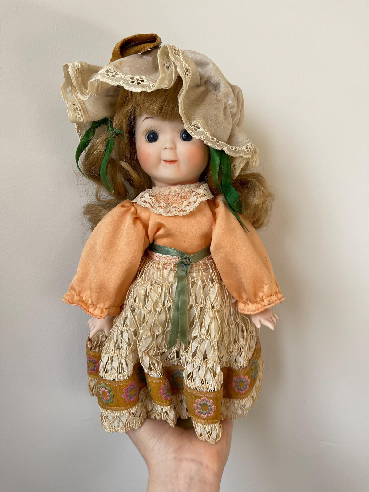 “Make a Circle” Music Box Porcelain Doll — Peach Satin & Lace