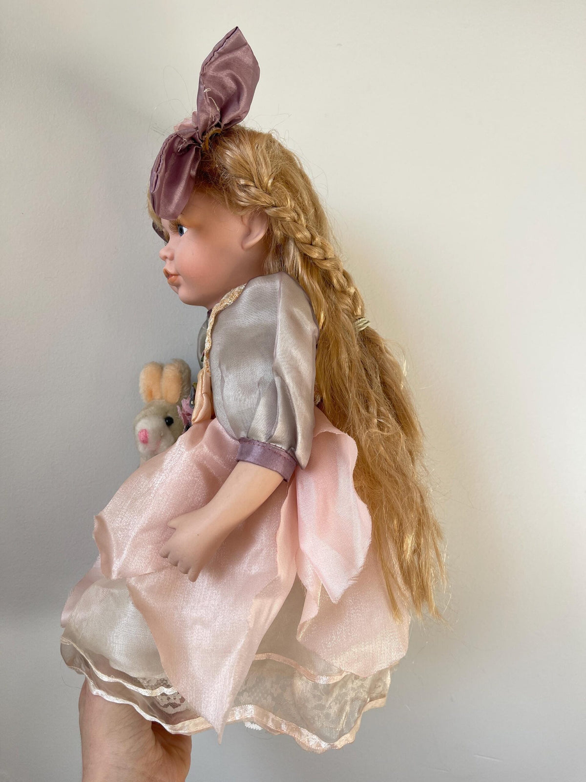Vintage Porcelain Doll with Plush Bunny — Pink Organza & Lavender Bows