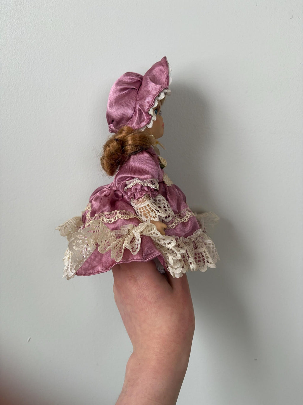 Petite Vintage Porcelain Doll — Purple Satin Dress & Lace Bonnet