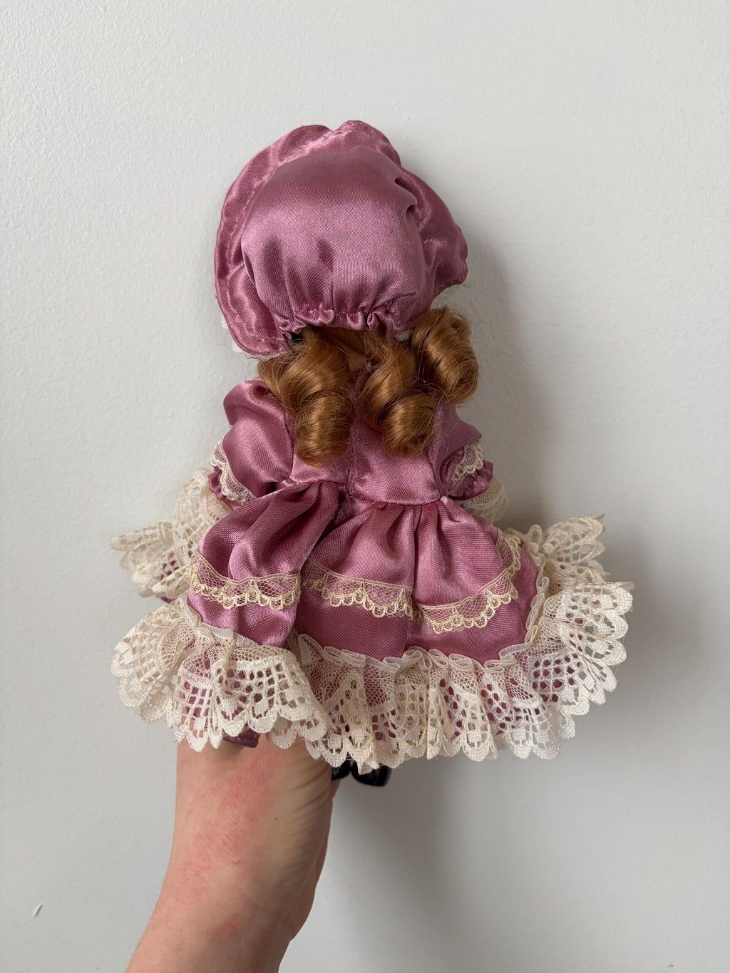 Petite Vintage Porcelain Doll — Purple Satin Dress & Lace Bonnet