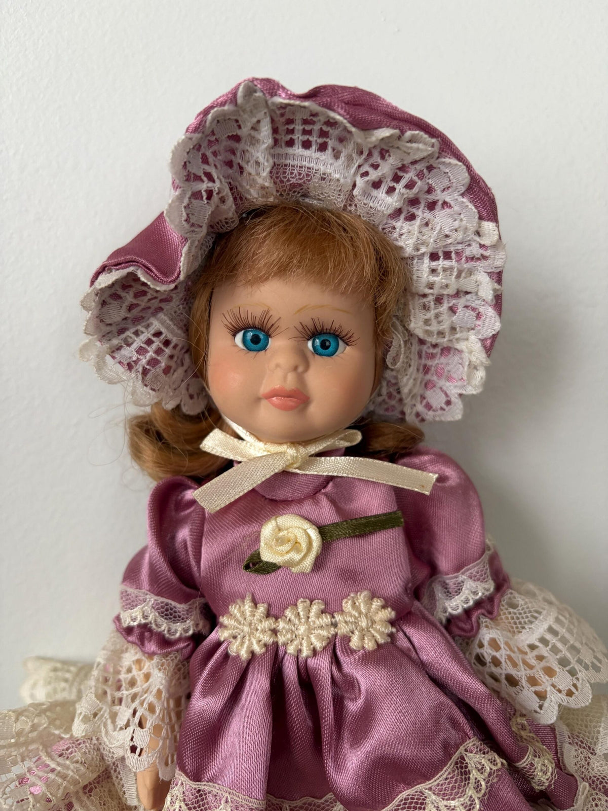 Petite Vintage Porcelain Doll — Purple Satin Dress & Lace Bonnet