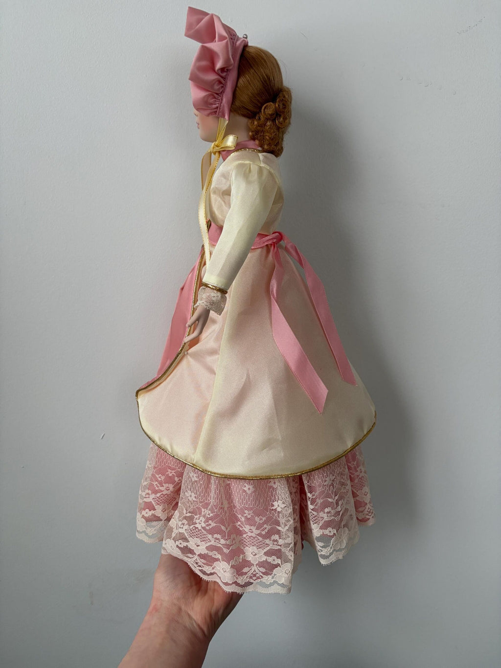 Victorian-Style Vintage Porcelain Doll — Pink & White Dress — 18″