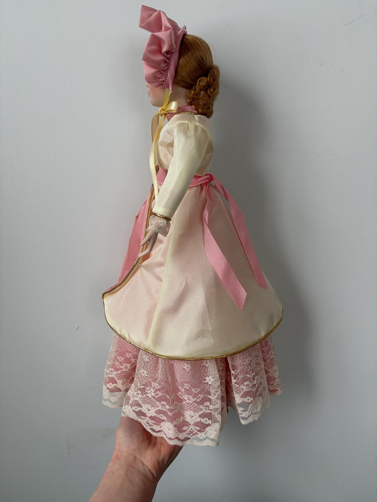 Victorian-Style Vintage Porcelain Doll — Pink & White Dress — 18″