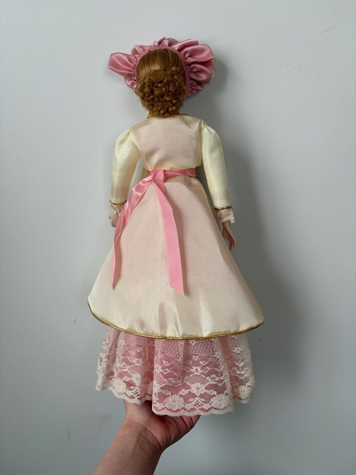Victorian-Style Vintage Porcelain Doll — Pink & White Dress — 18″