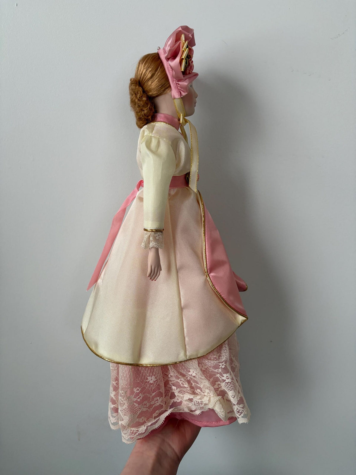 Victorian-Style Vintage Porcelain Doll — Pink & White Dress — 18″