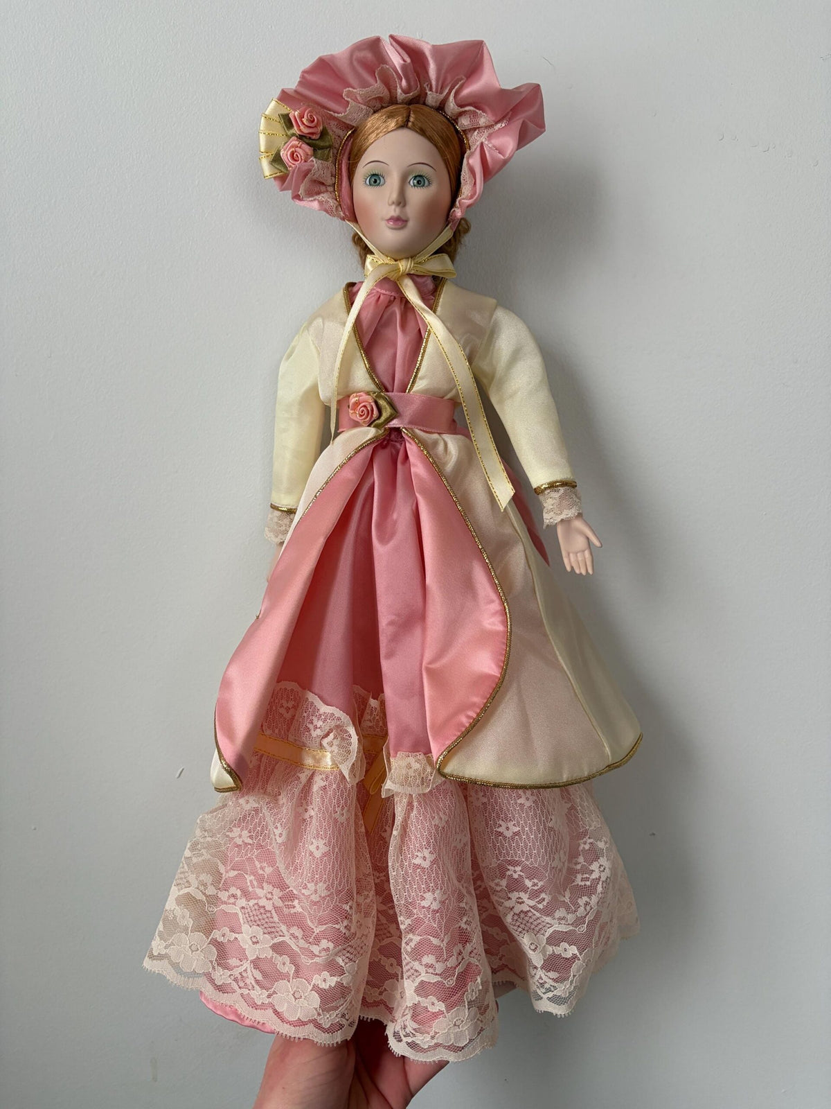 Victorian-Style Vintage Porcelain Doll — Pink & White Dress — 18″