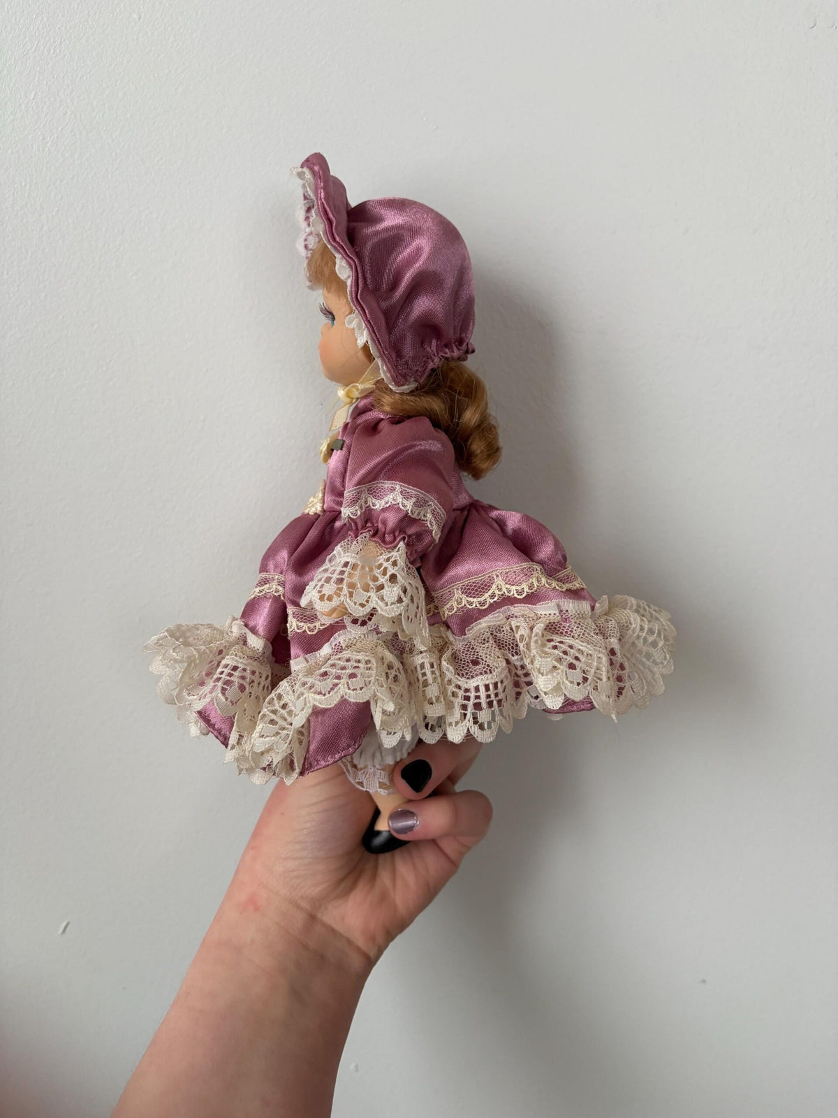 Petite Vintage Porcelain Doll — Purple Satin Dress & Lace Bonnet