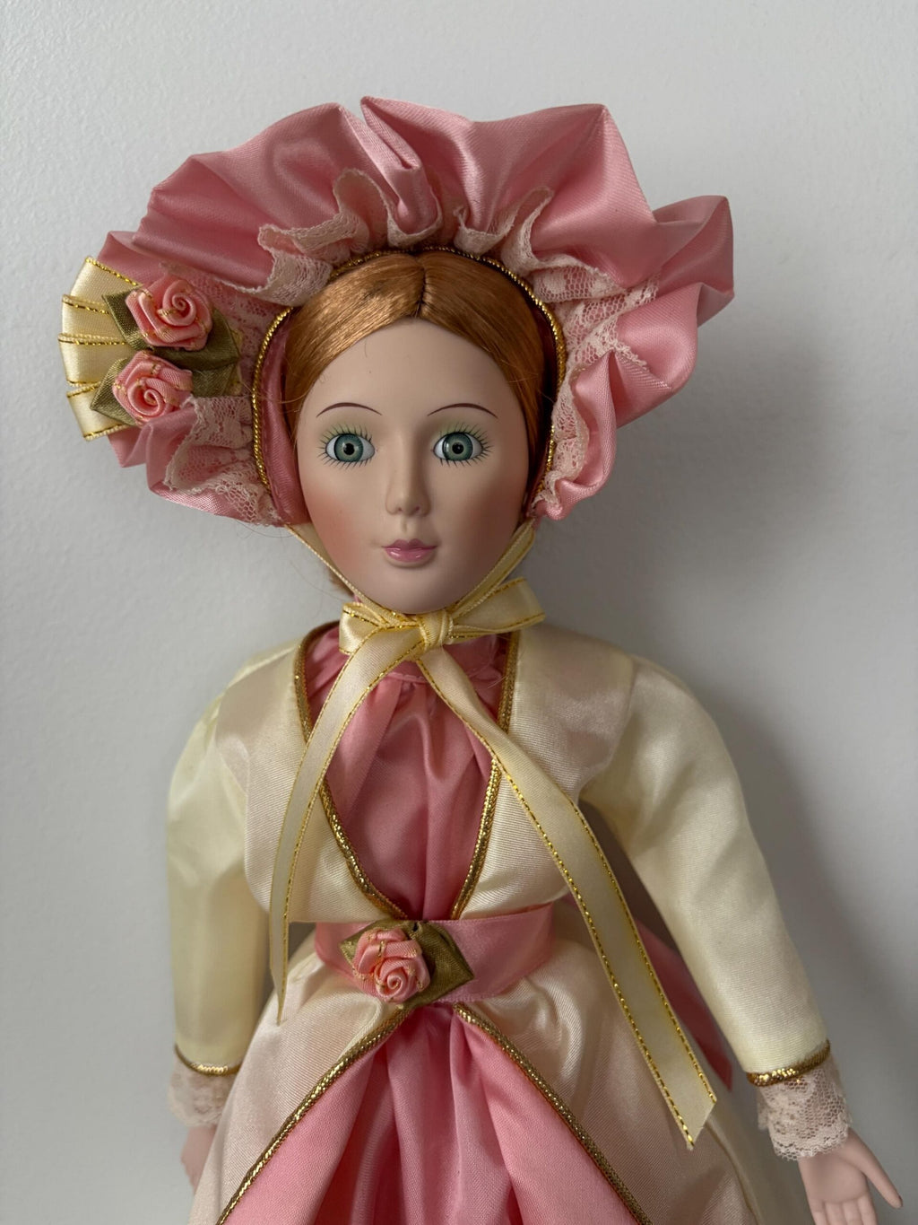Victorian-Style Vintage Porcelain Doll — Pink & White Dress — 18″