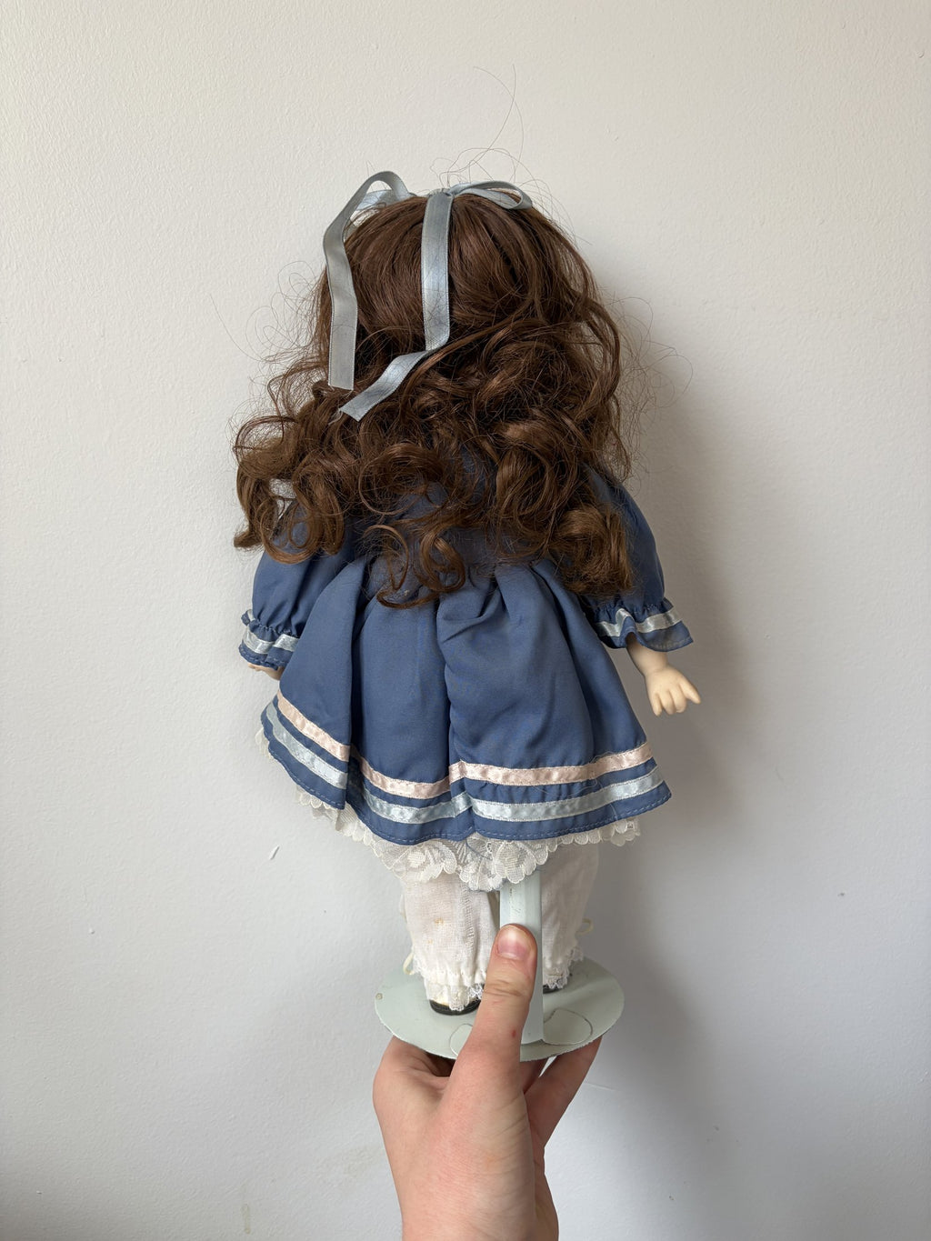 Porcelain Doll Brown Hair Blue Dress 16” with Stand