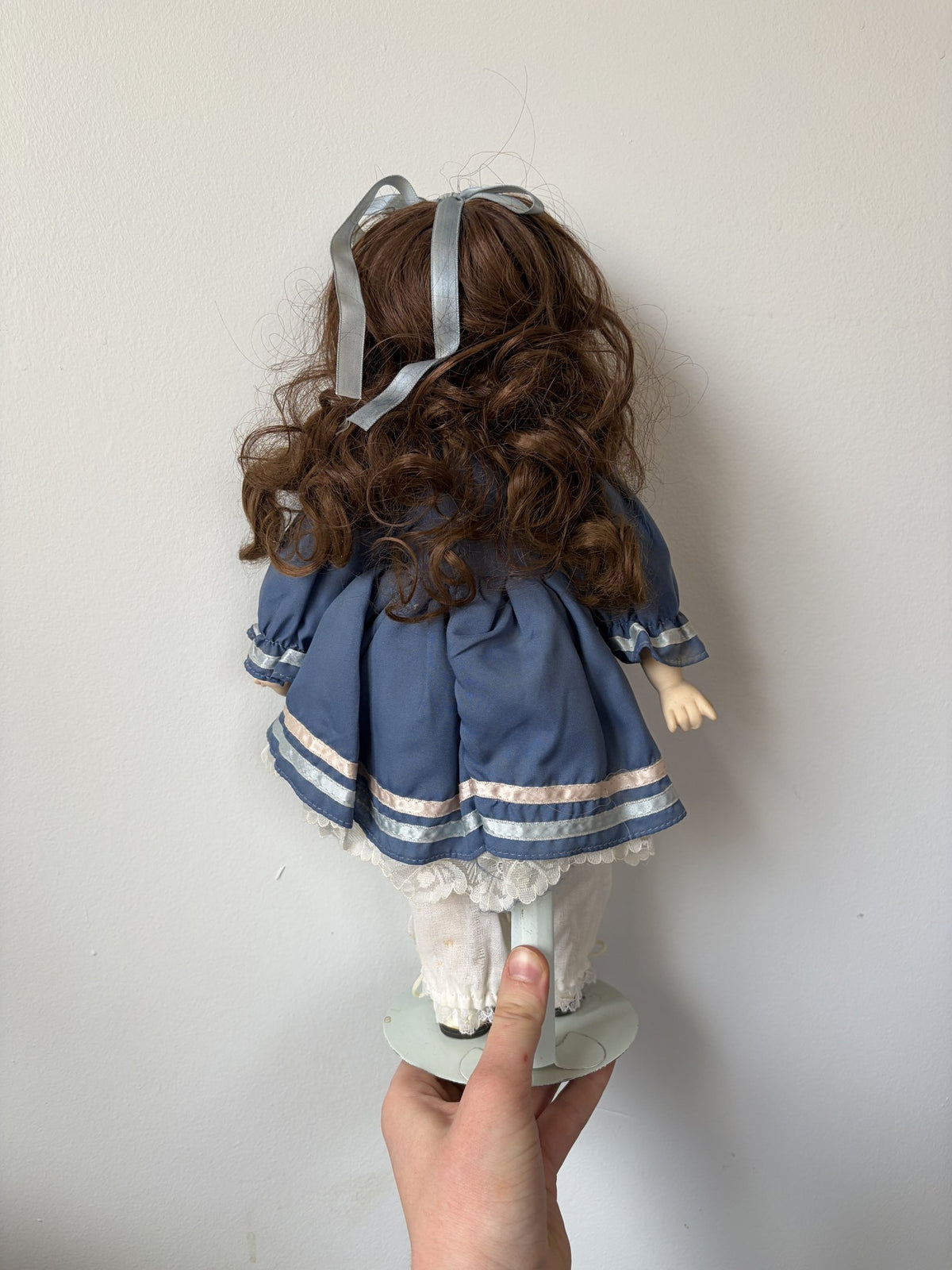 Porcelain Doll Brown Hair Blue Dress 16” with Stand