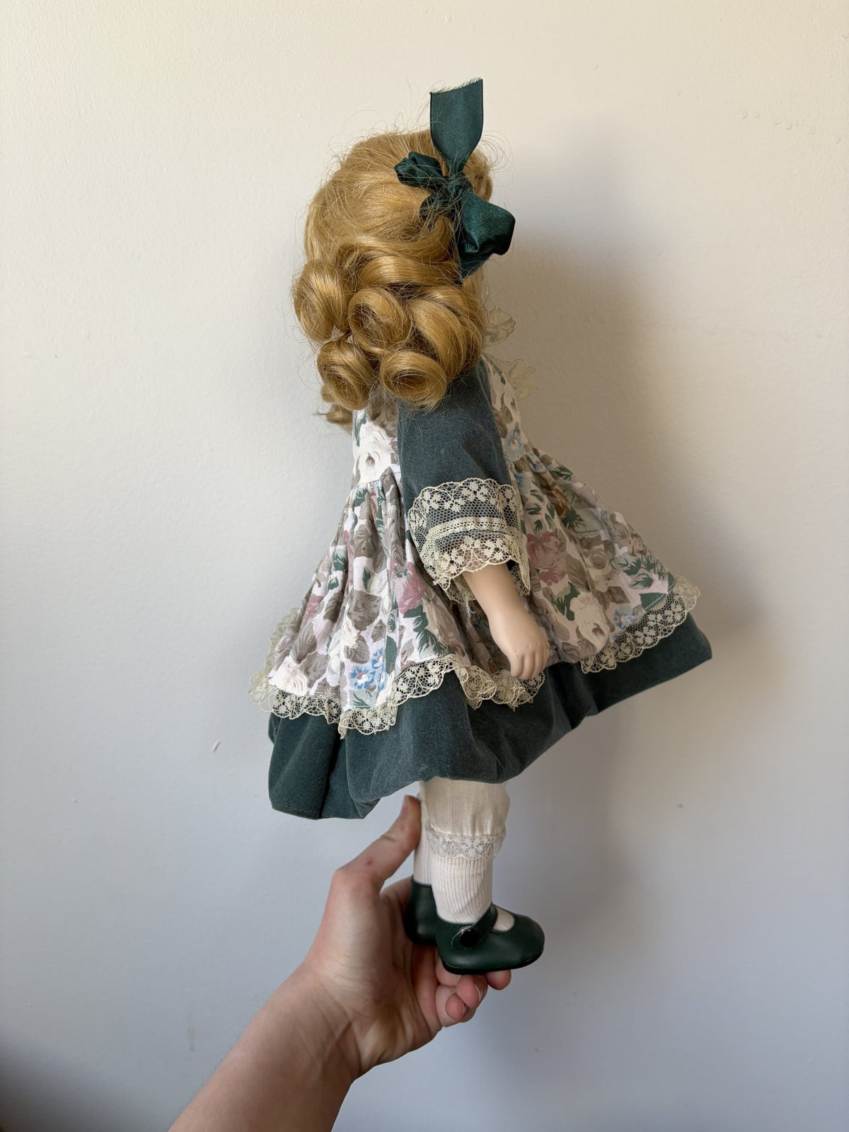 Blonde Curly Hair Porcelain Doll in Green Floral Dress 16″