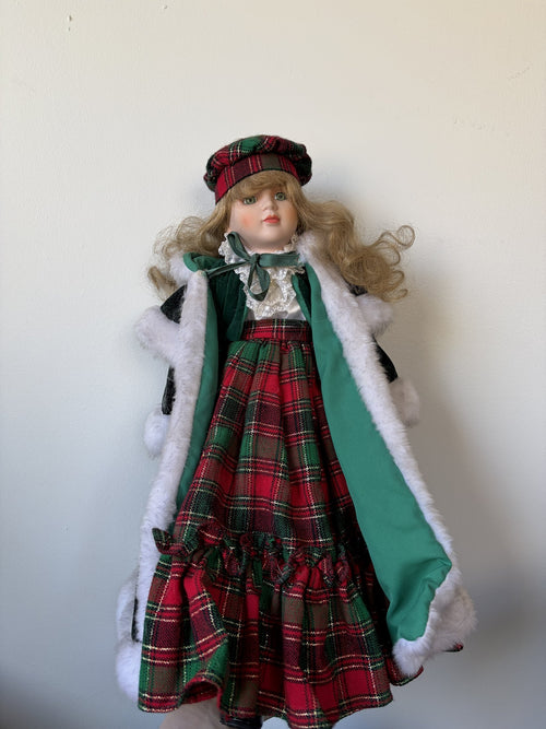 Artisan Limited Edition Porcelain Doll in Green Plaid Christmas Outfit