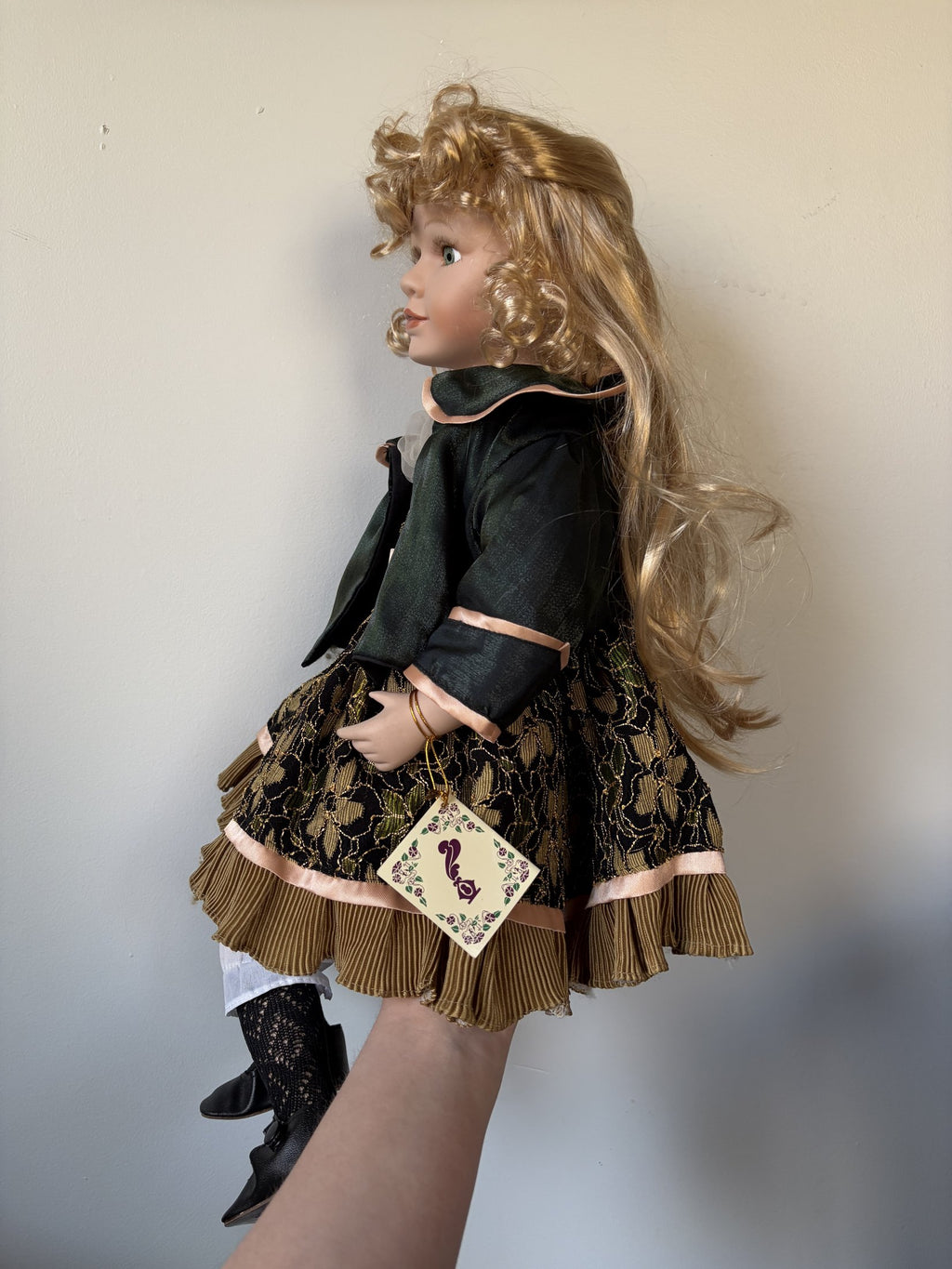 Lumi’n Art Porcelain Doll – Blonde Curls, Green Dress, 16 Inches