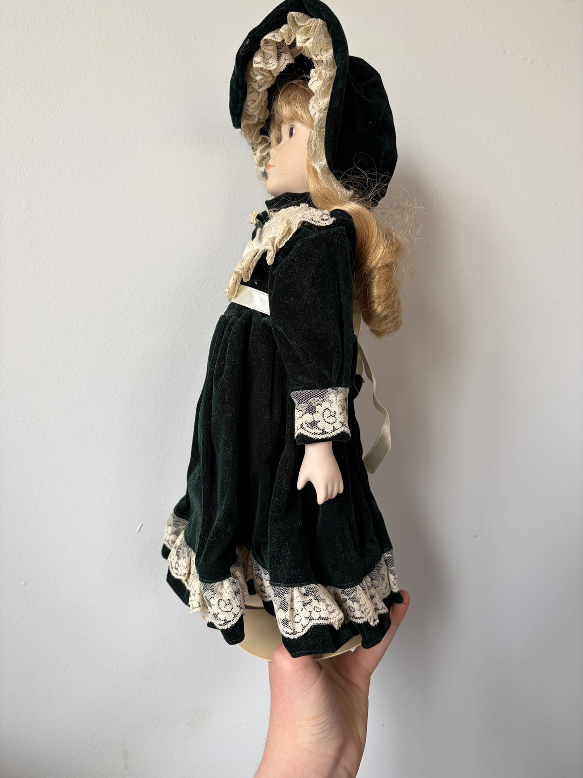 Ave Maria Porcelain Doll with Green Velvet Dress and Lace Trim