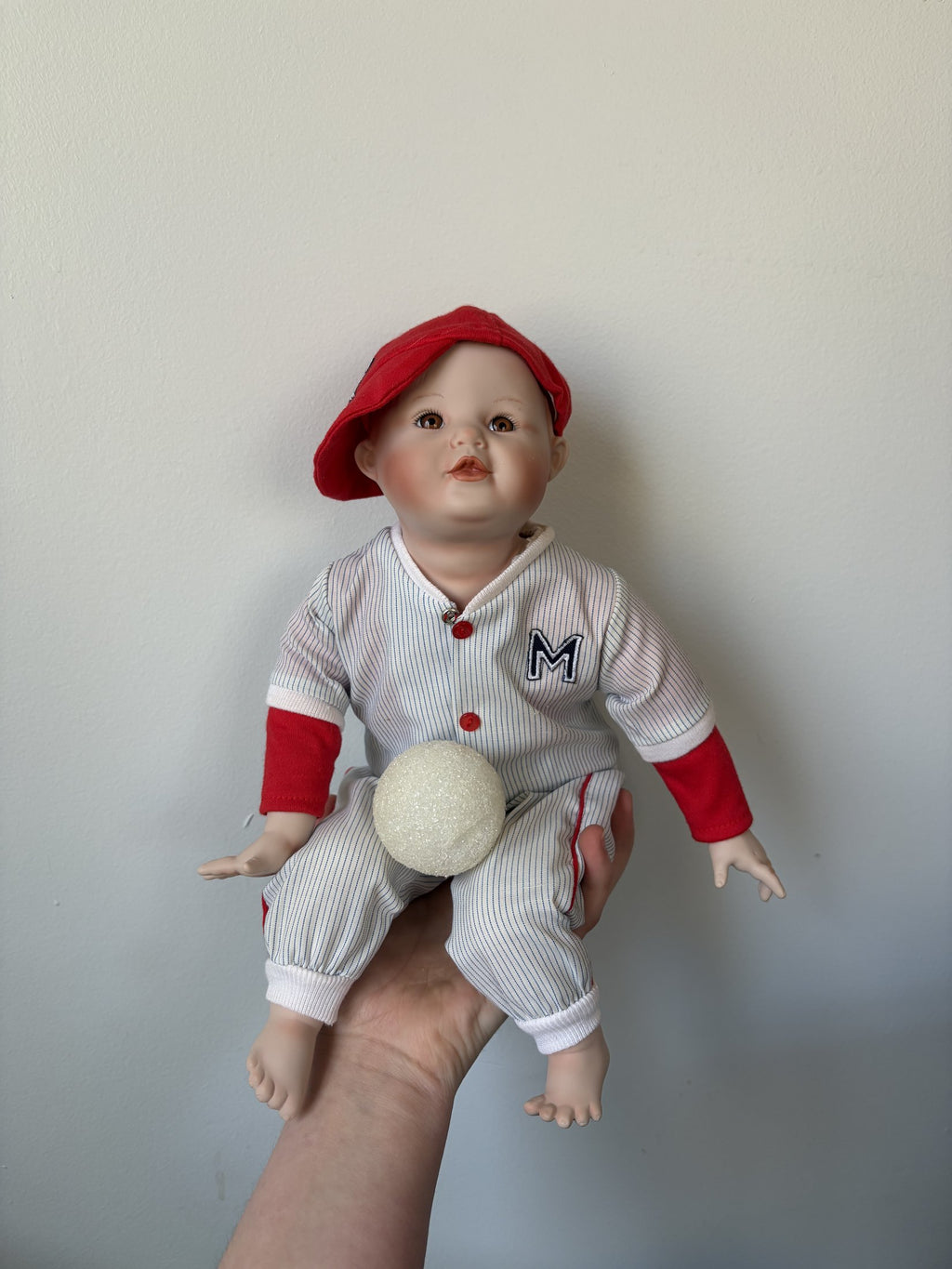 Porcelain Baseball Doll with Red Cap and Ball