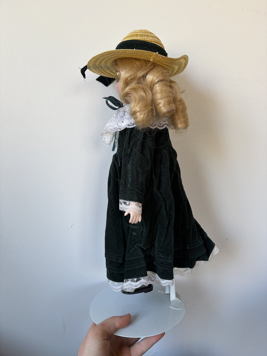 Vintage Porcelain Doll with Hat and Glasses, Lace Dress