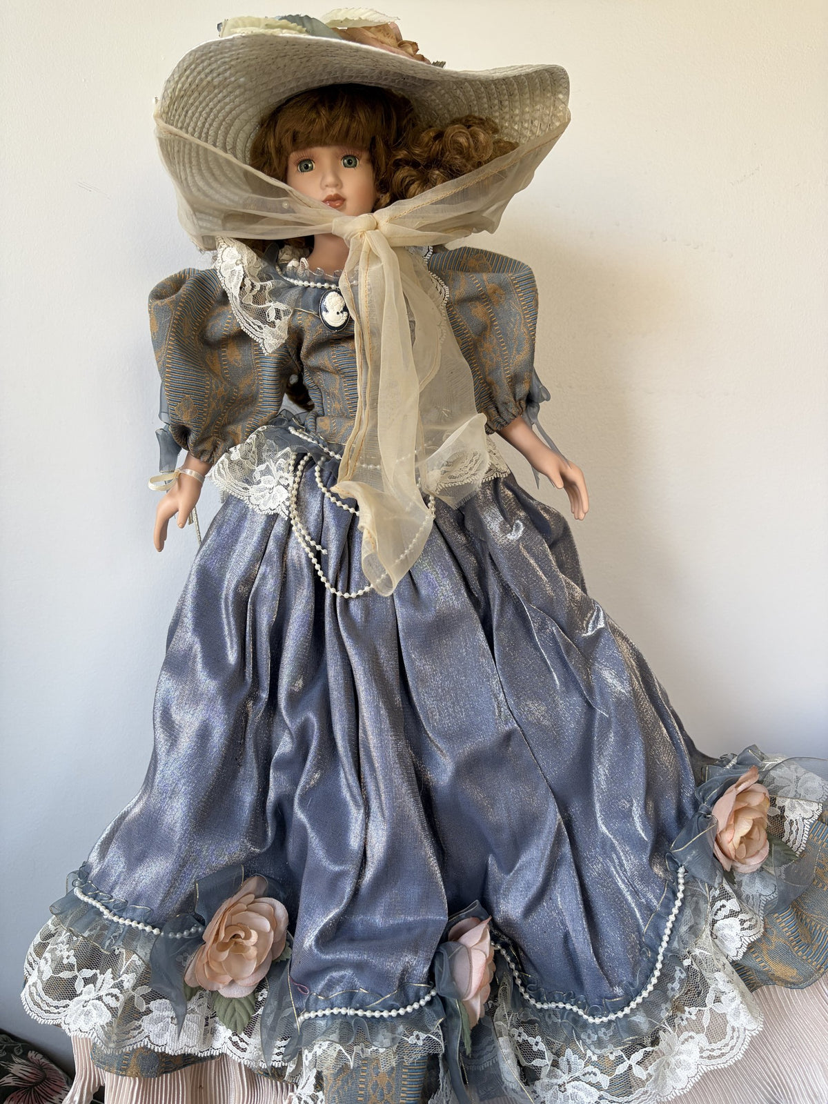 Porcelain Doll with Hat and Lace Dress