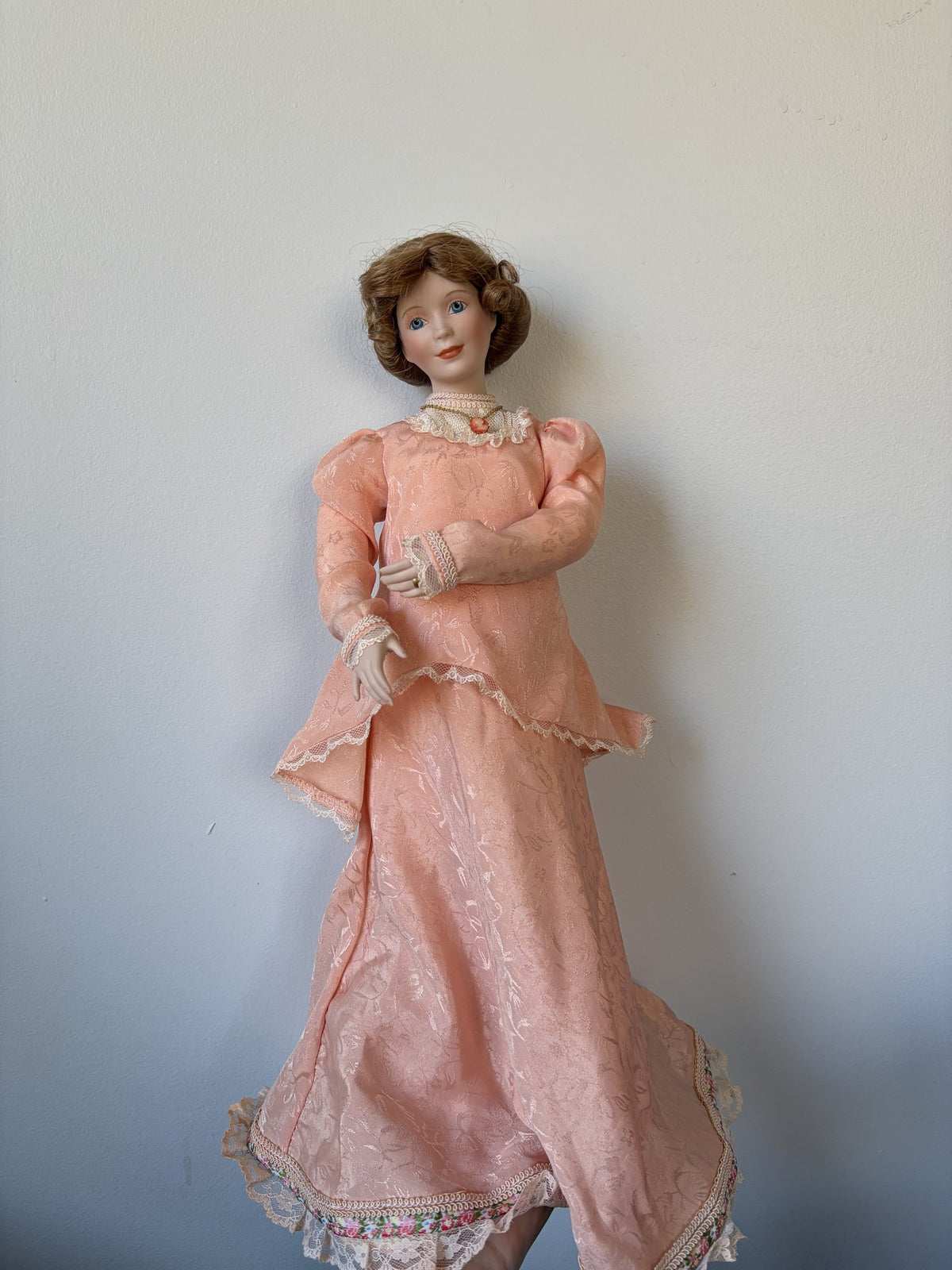 Porcelain Doll in Pink Lace Dress with Brown Hair and Blue Eyes