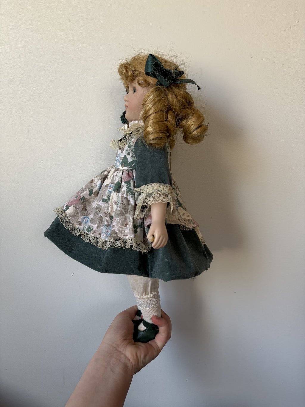 Blonde Curly Hair Porcelain Doll in Green Floral Dress 16″