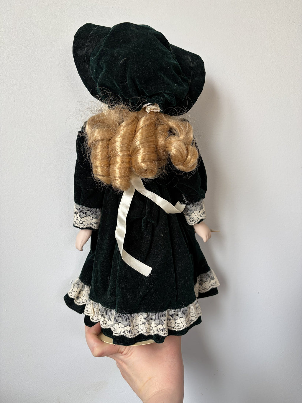 Ave Maria Porcelain Doll with Green Velvet Dress and Lace Trim