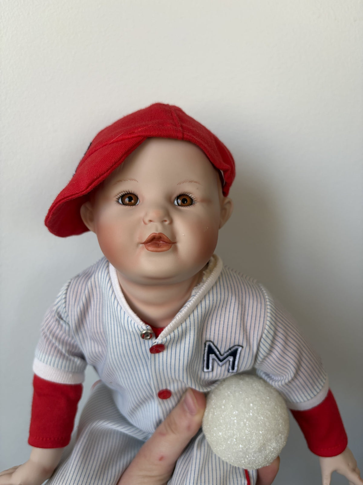 Porcelain Baseball Doll with Red Cap and Ball
