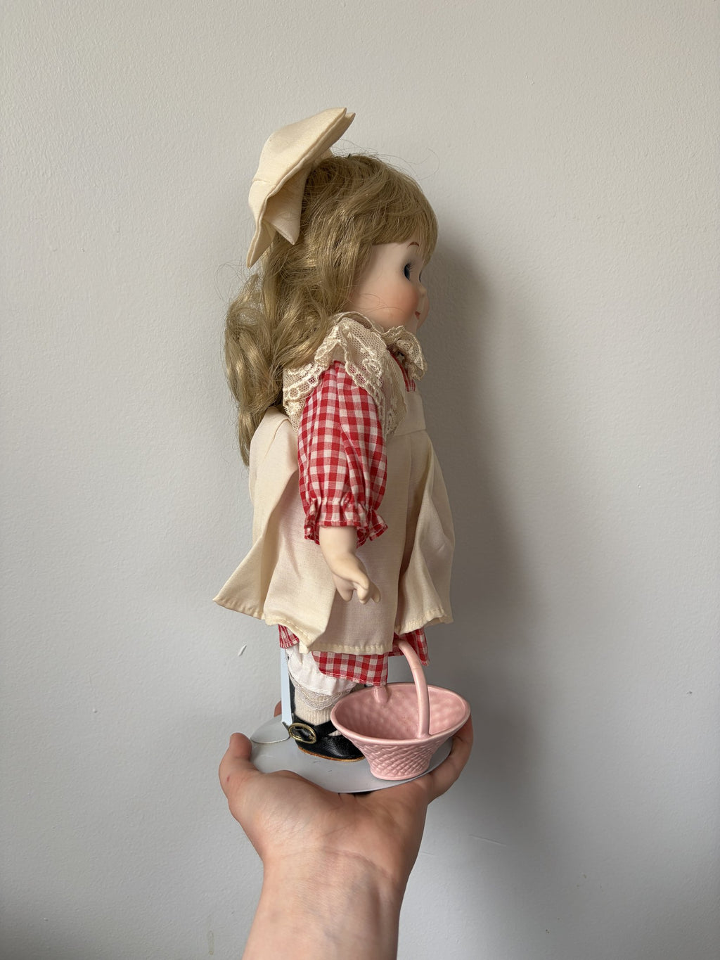 Vintage Porcelain Doll Blonde Hair Red Gingham Dress 16″
