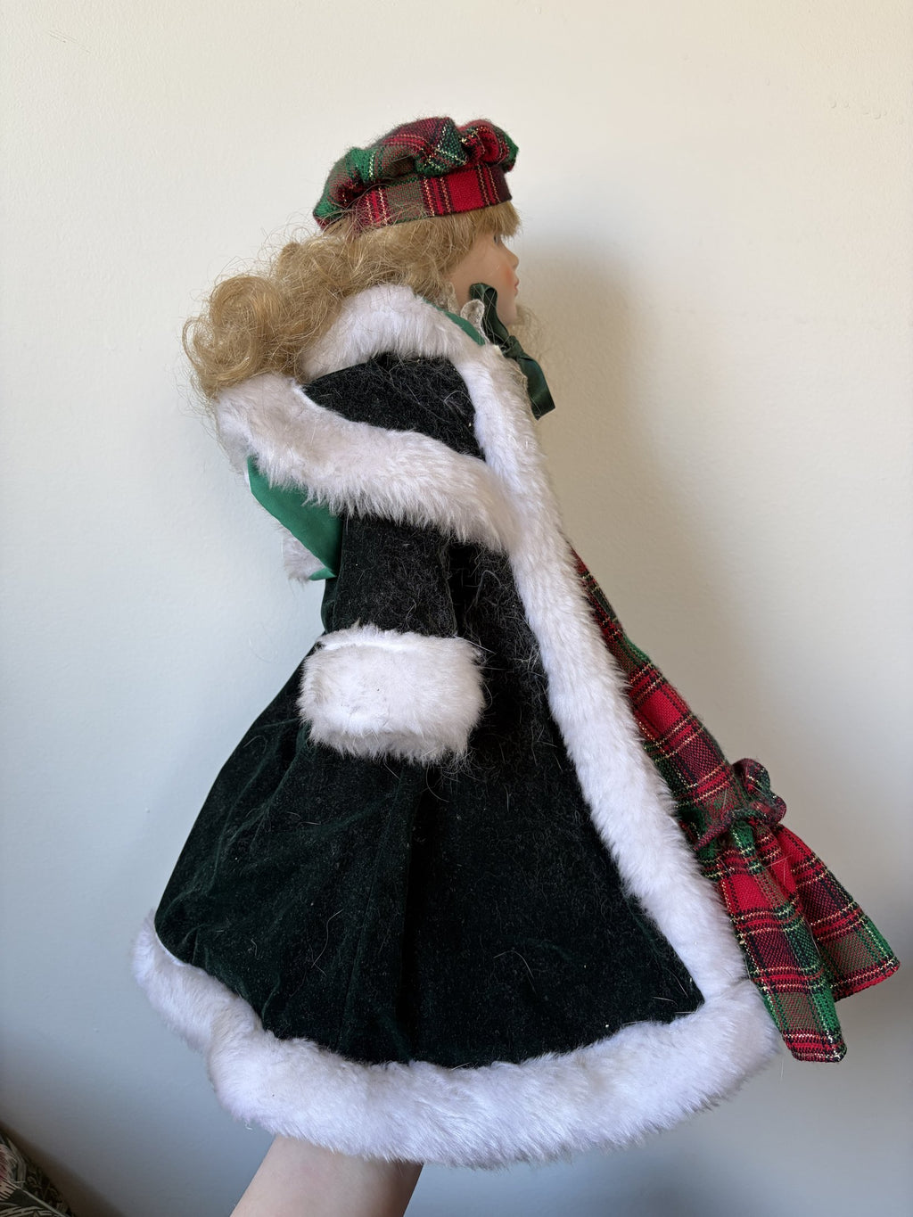 Artisan Limited Edition Porcelain Doll in Green Plaid Christmas Outfit