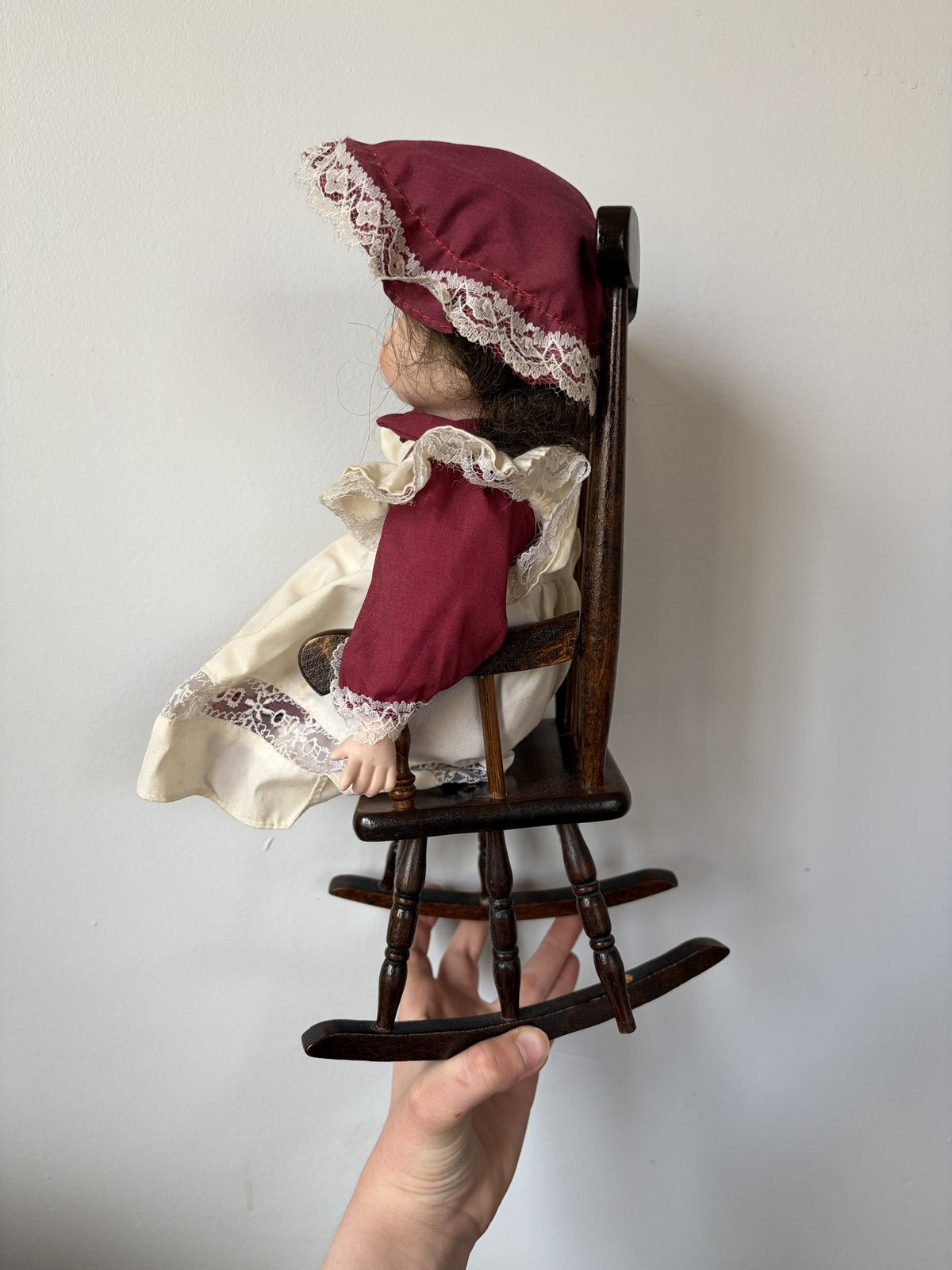 Vintage Porcelain Doll in Maroon Dress with Lace Trim