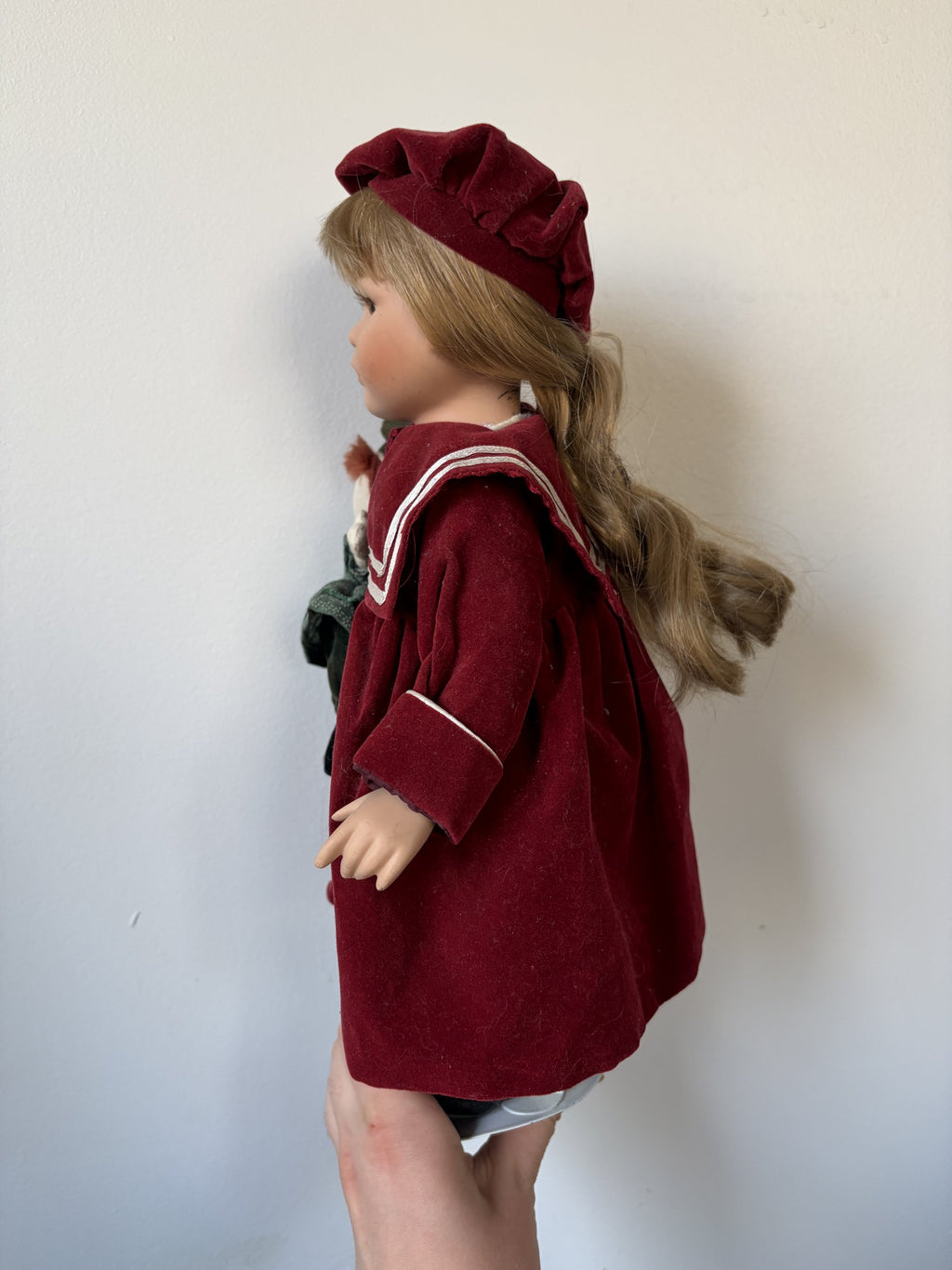 Porcelain Doll in Burgundy Outfit with Doll Accessory