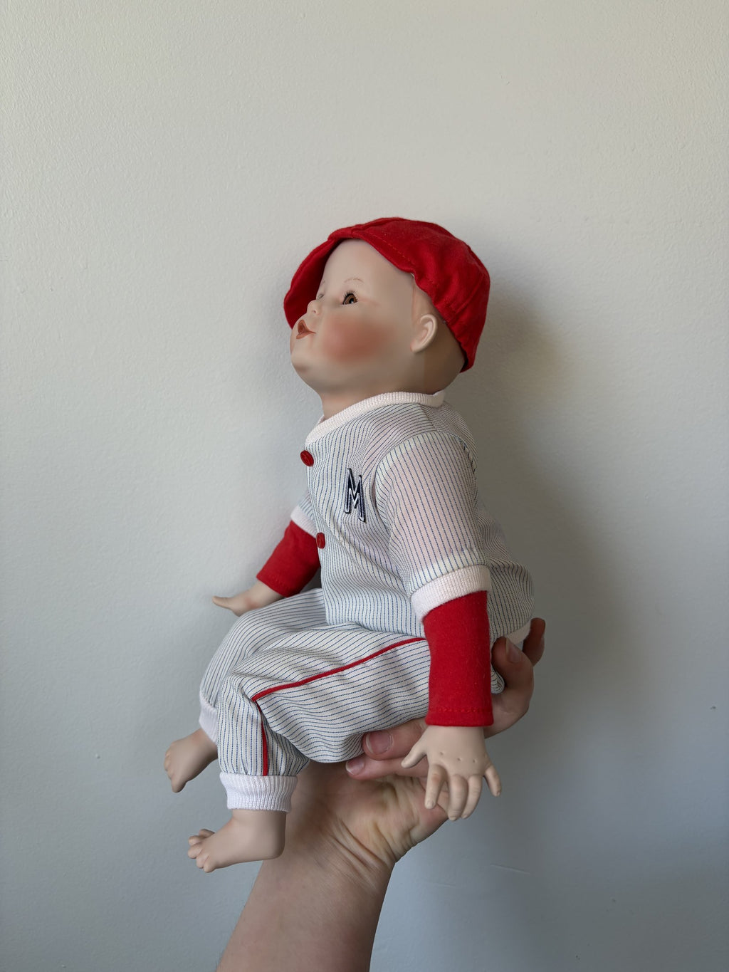 Porcelain Baseball Doll with Red Cap and Ball