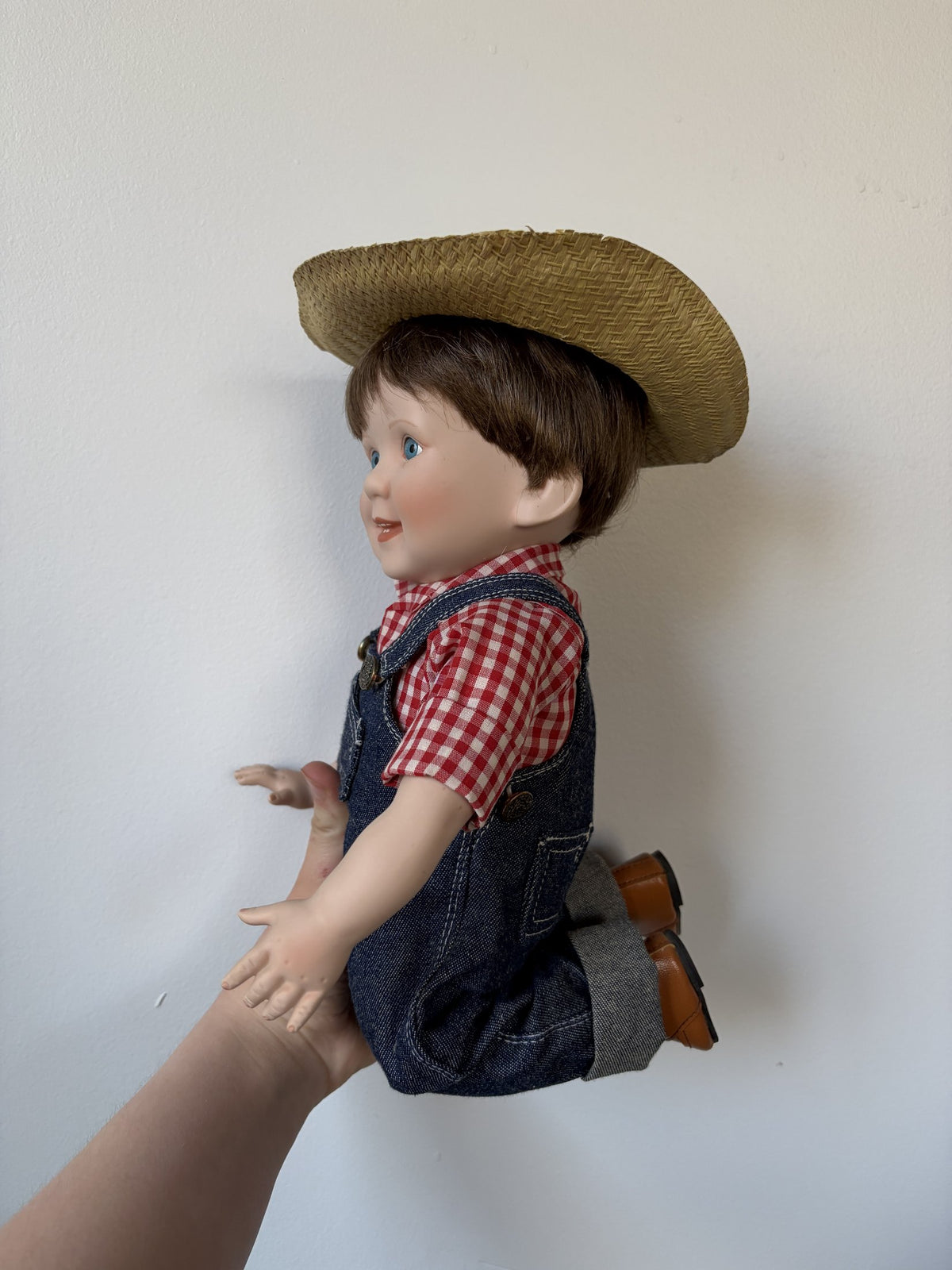 Porcelain Doll with Straw Hat and Overalls – Crafted in Taiwan