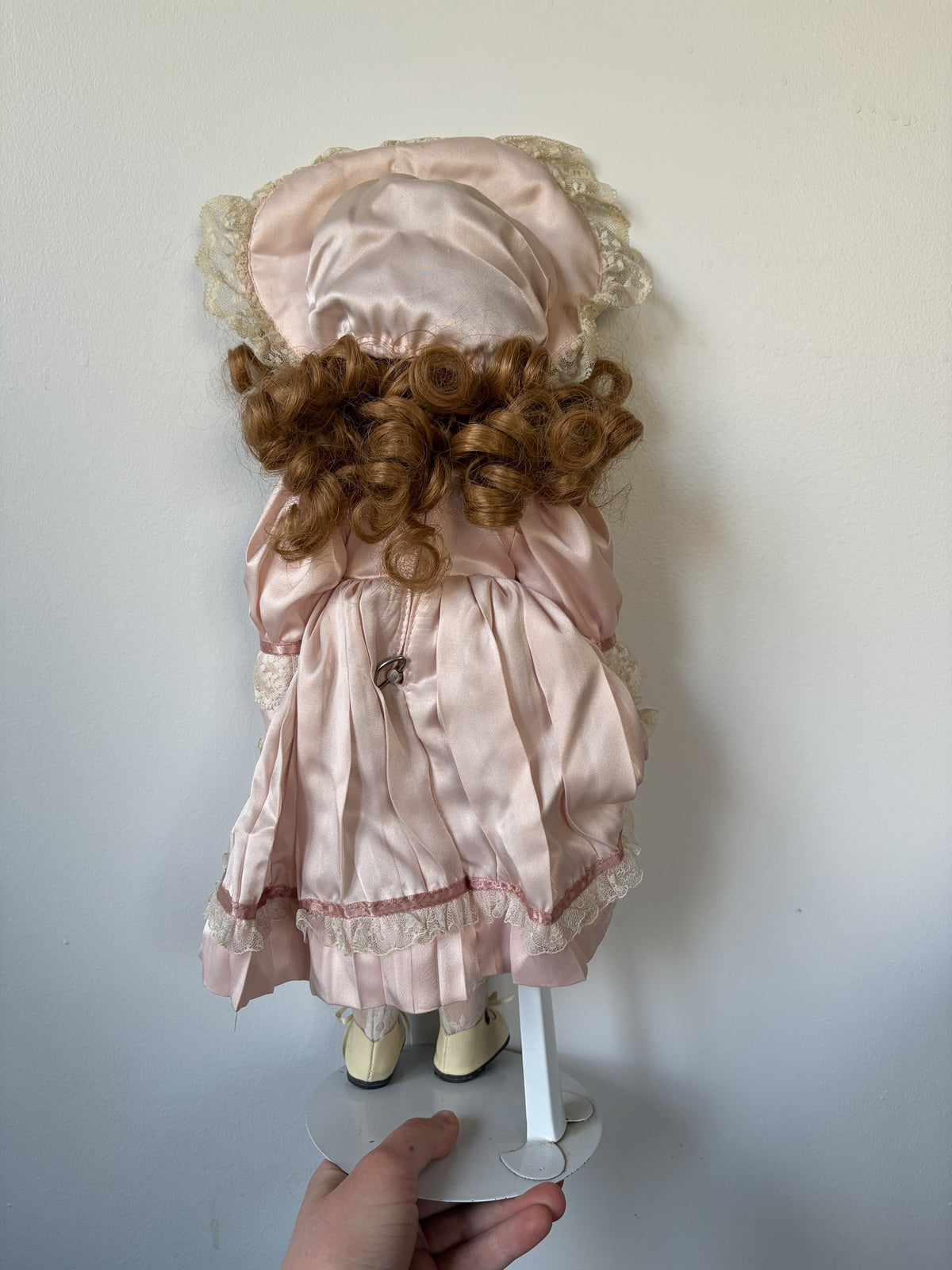 Vintage Porcelain Doll in Pink Lace Dress & Bonnet