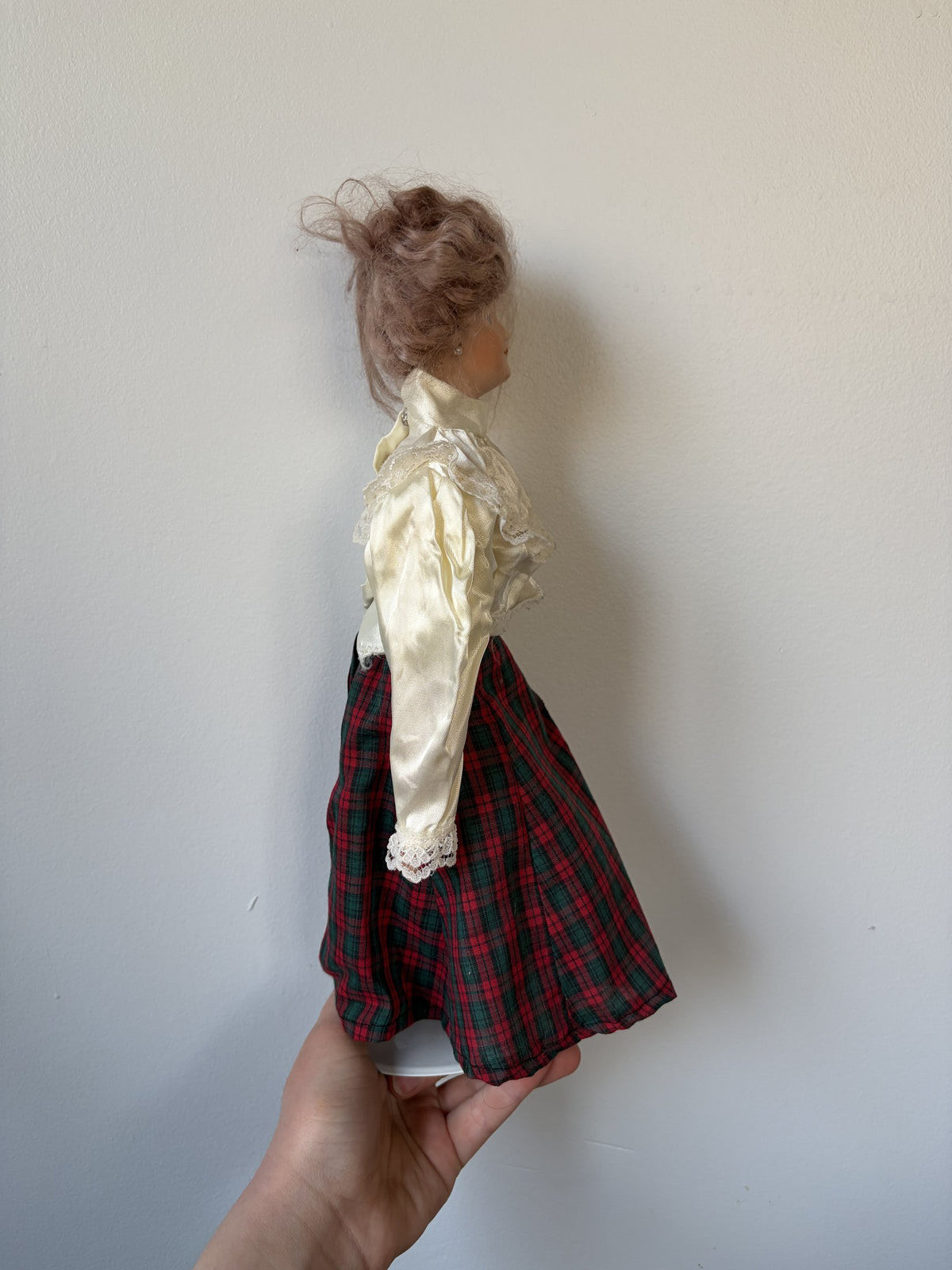 Vintage Porcelain Lady Doll — Cream Satin Blouse & Red Tartan Skirt
