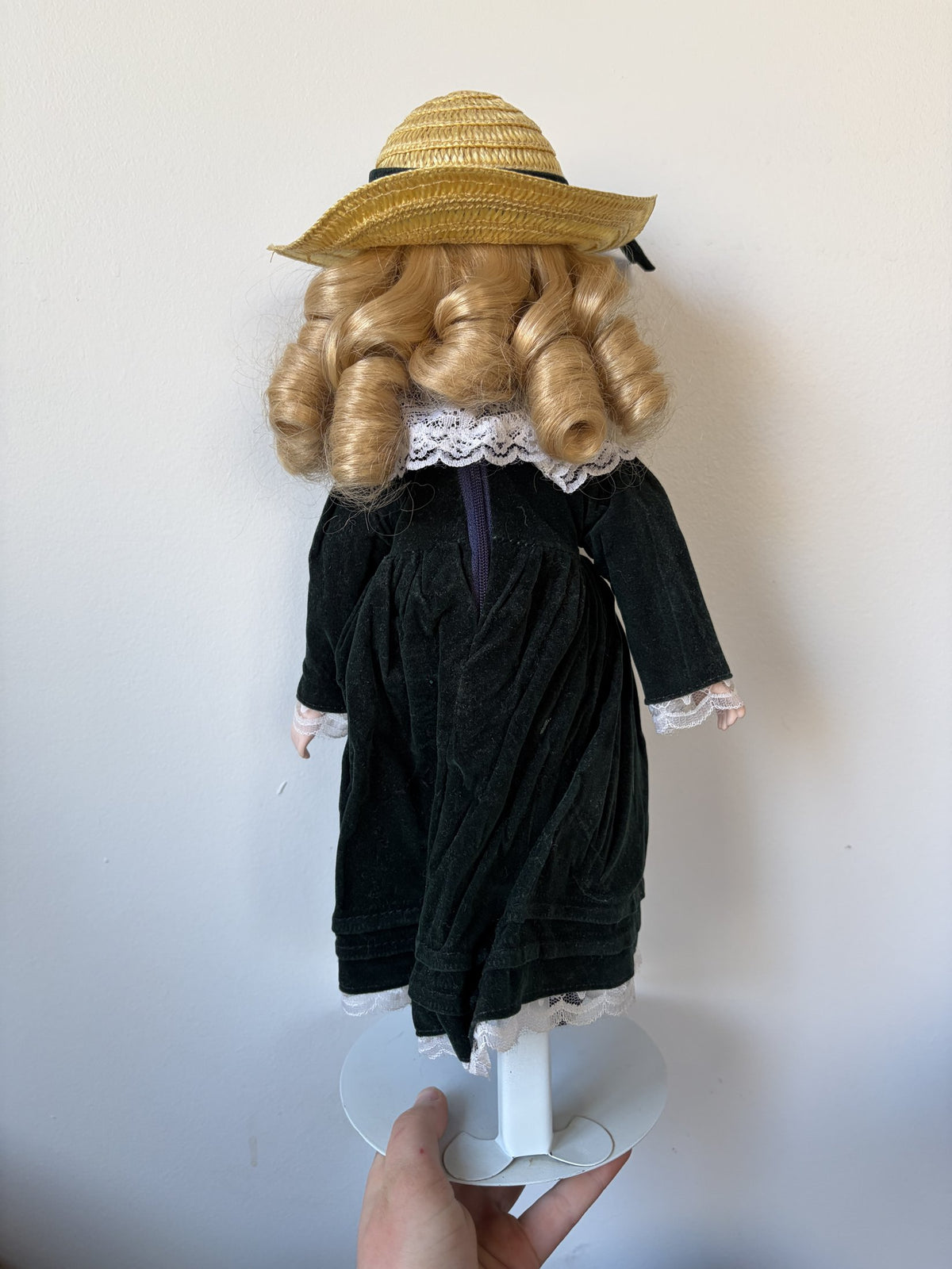 Vintage Porcelain Doll with Hat and Glasses, Lace Dress