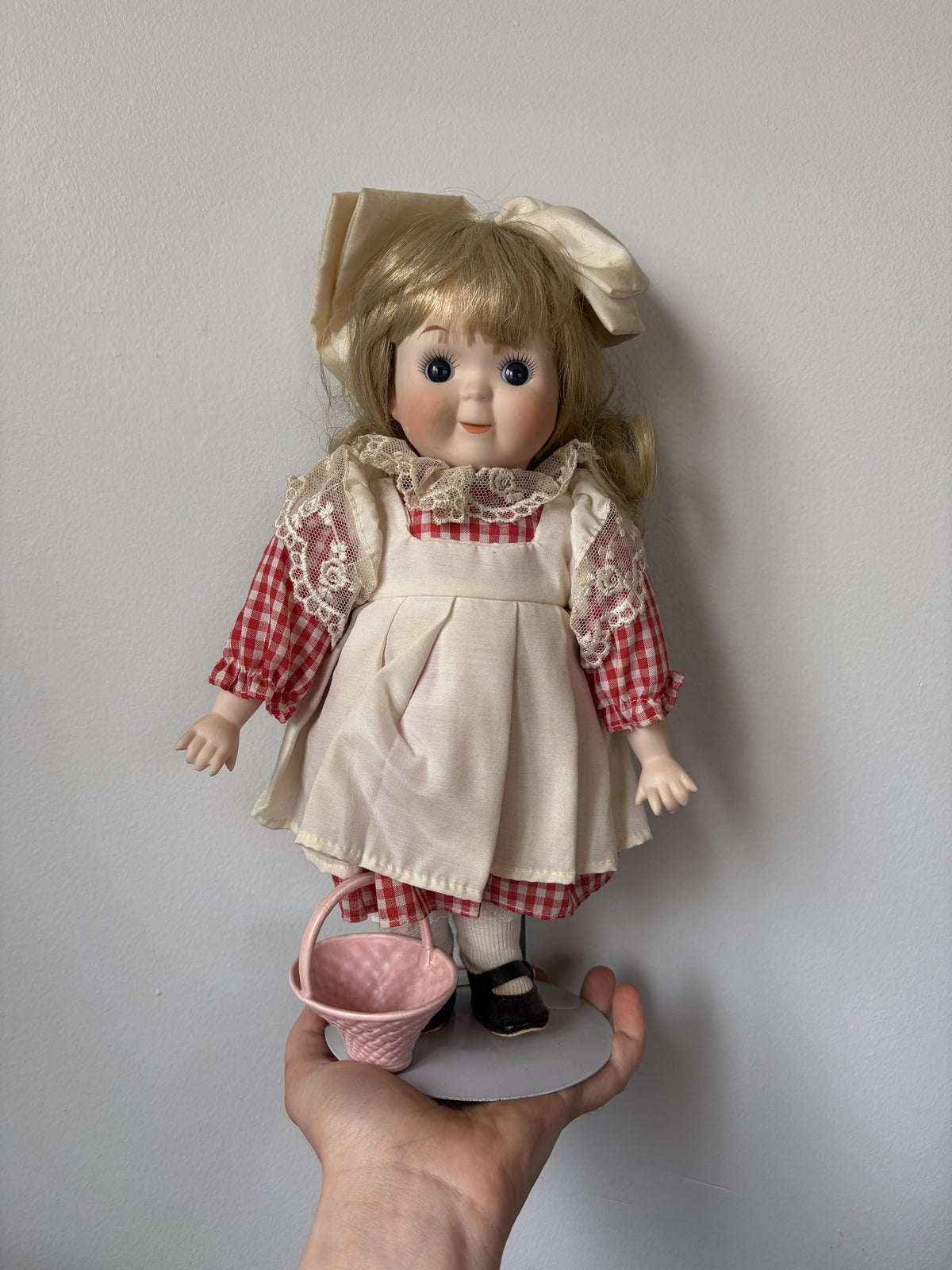 Vintage Porcelain Doll Blonde Hair Red Gingham Dress 16″
