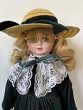 Vintage Porcelain Doll with Hat and Glasses, Lace Dress