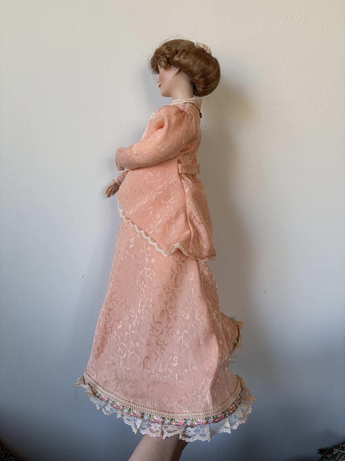 Porcelain Doll in Pink Lace Dress with Brown Hair and Blue Eyes