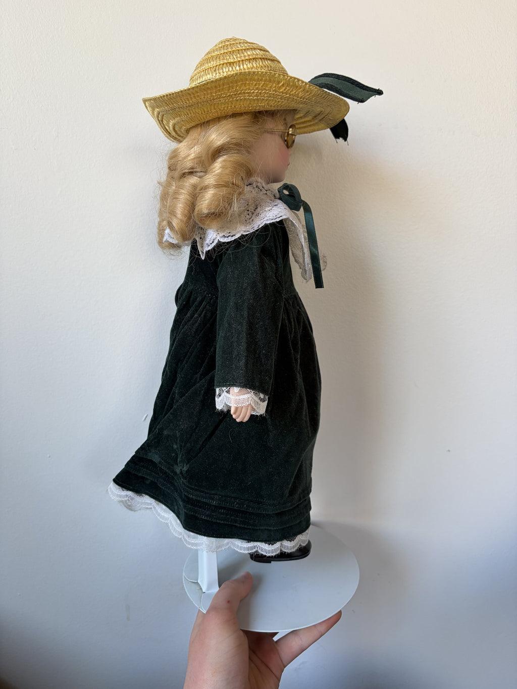 Vintage Porcelain Doll with Hat and Glasses, Lace Dress