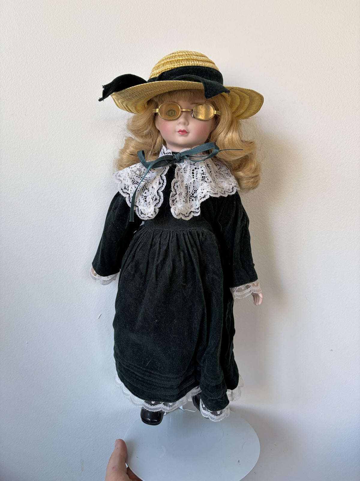 Vintage Porcelain Doll with Hat and Glasses, Lace Dress
